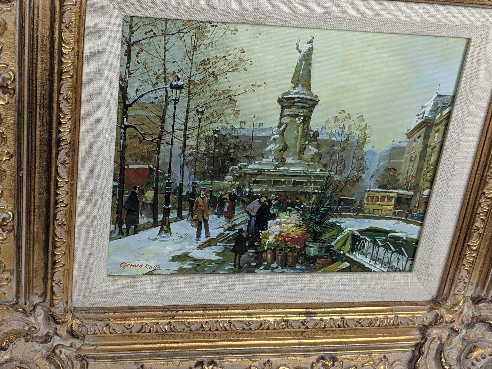 Framed European Winter Street Scene Original Oil Painting Signed Gerald Kott, Mid-20th Century - 17