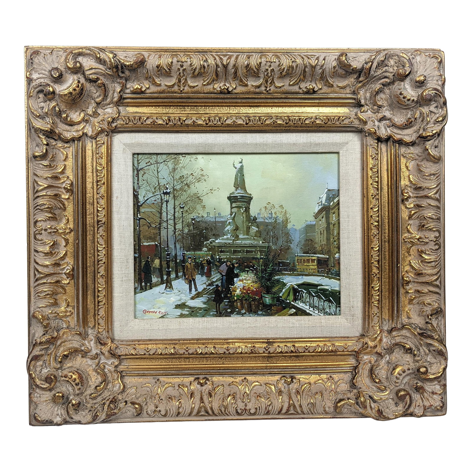 Framed European Winter Street Scene Original Oil Painting Signed Gerald Kott, Mid-20th Century: A beautifully executed original mid-20th century European street scene oil painting, signed Gerald Kott, depicting an atmospheric winter city square alive with pedestrians, flower vendors, electric