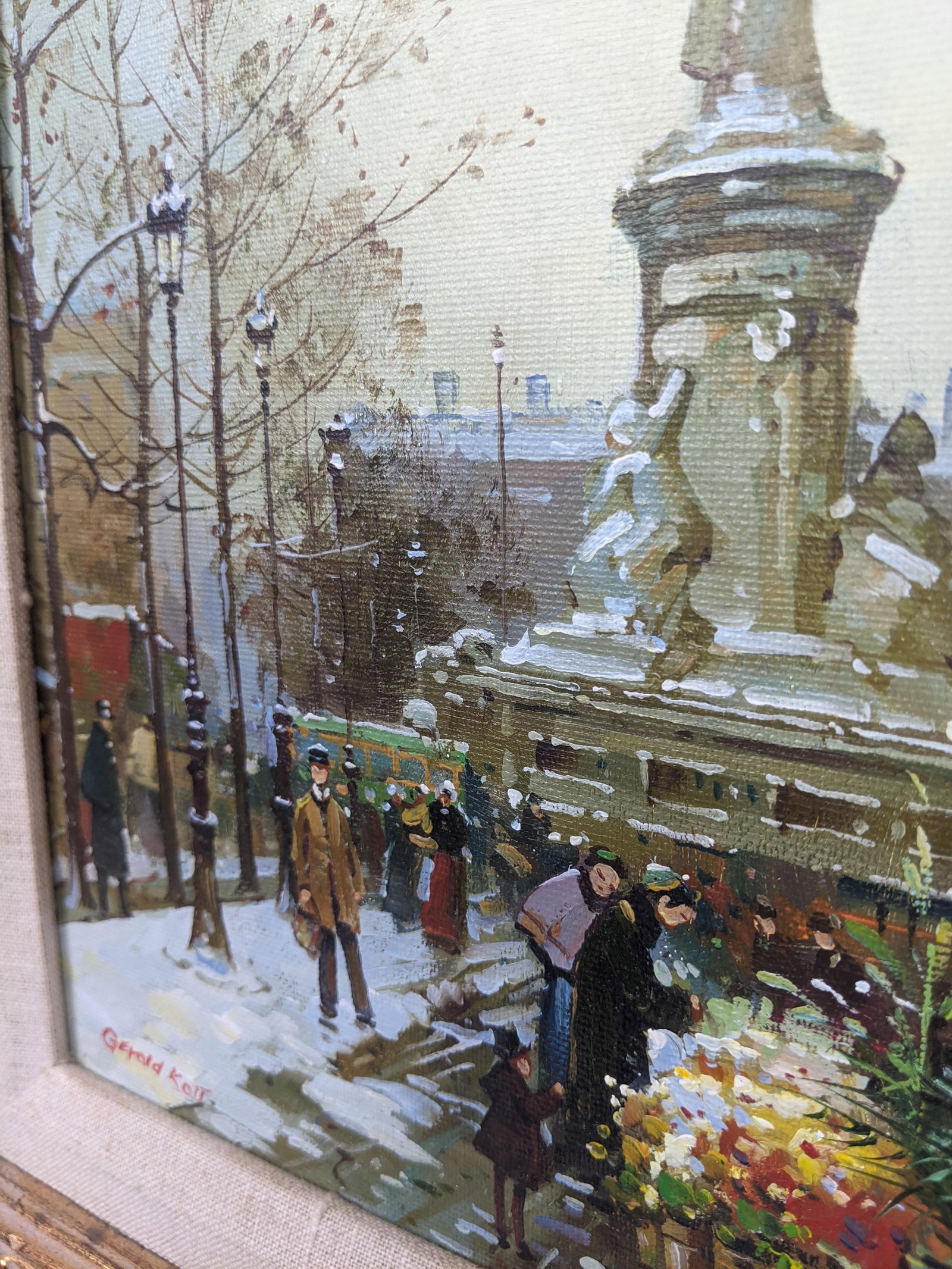 Framed European Winter Street Scene Original Oil Painting Signed Gerald Kott, Mid-20th Century - 6