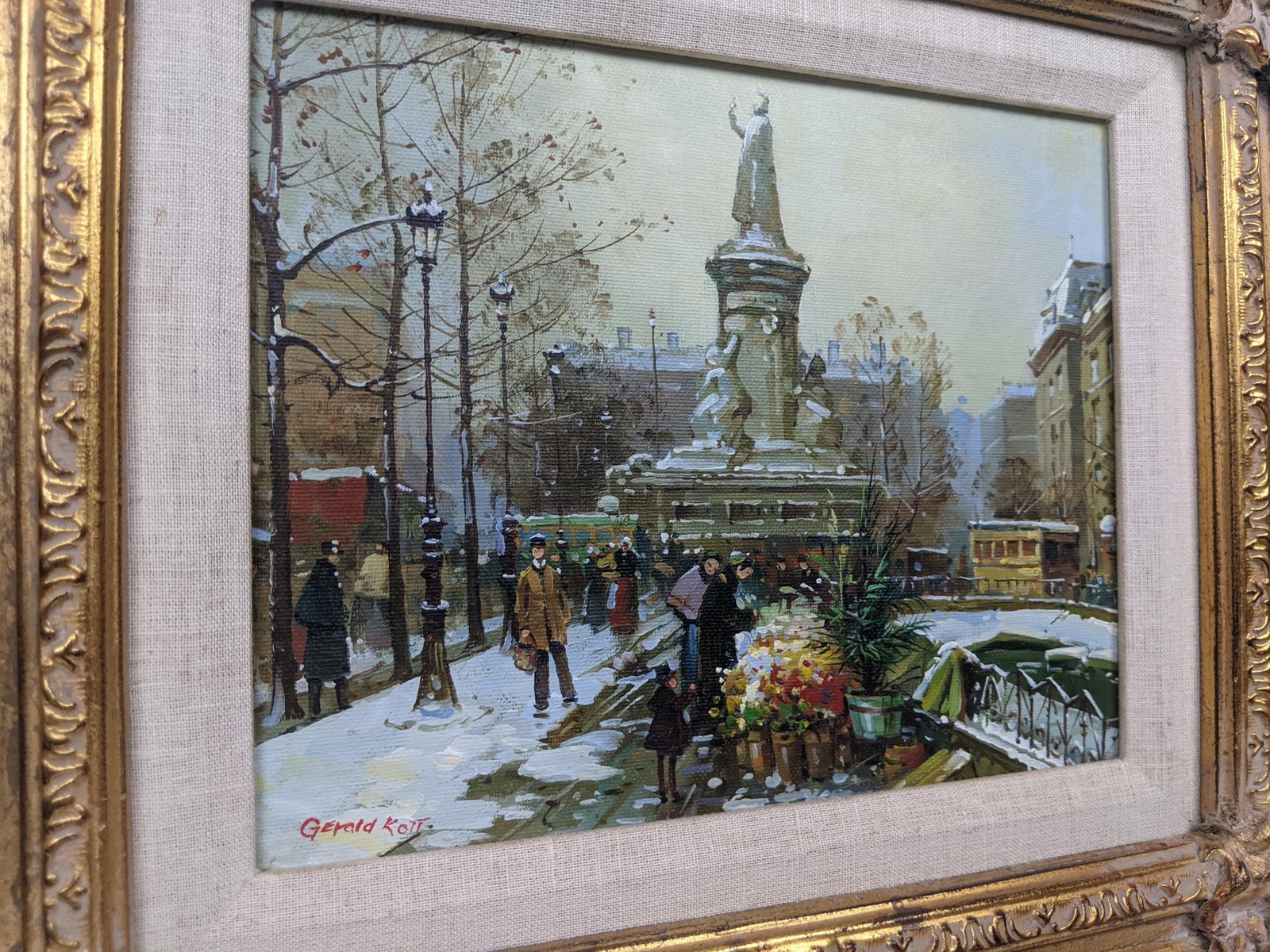 Framed European Winter Street Scene Original Oil Painting Signed Gerald Kott, Mid-20th Century - 8