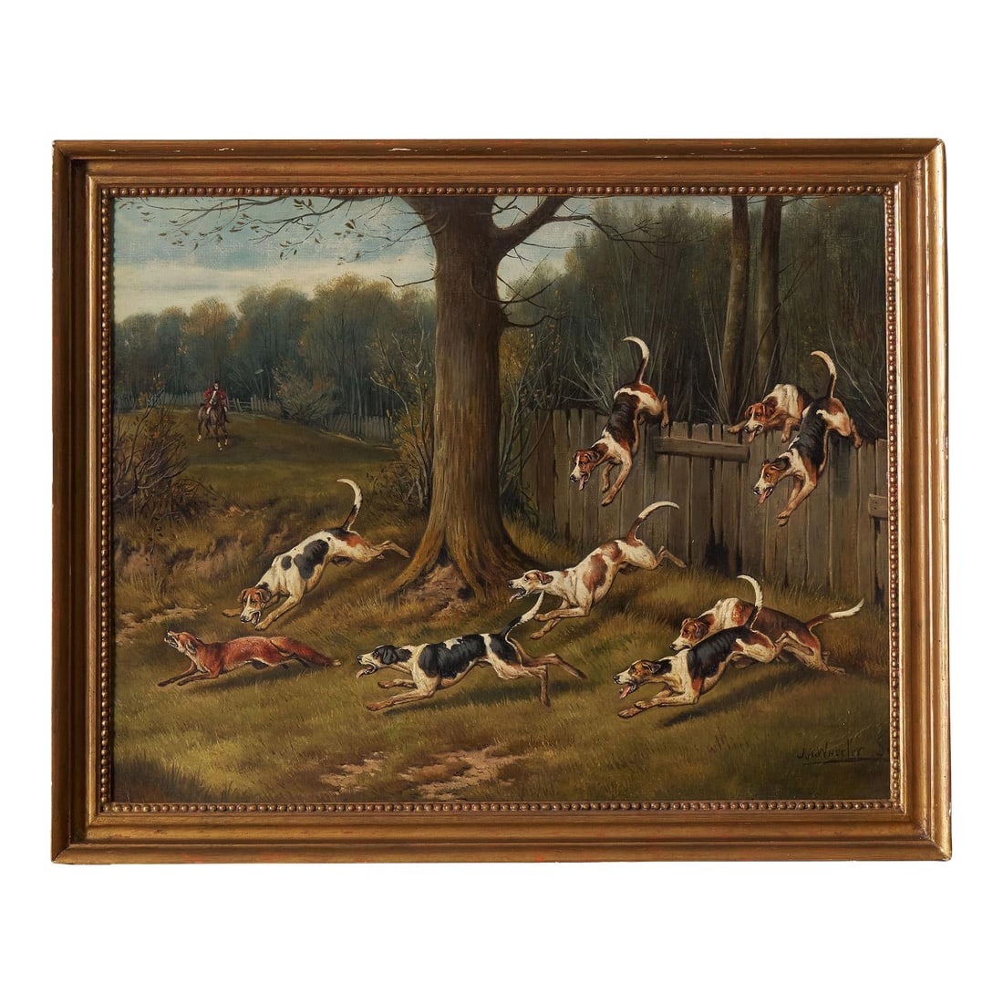 19th Century Oil on Board 'Gone Away' Signed by John Arnold Wheeler (1821-1903) in Gold Frame: John Arnold Wheeler's is a named British painter, born in 1821. His chosen subject matter was horses and dogs. His specialty was horse racing scenes and equestrian portraits. He was born in