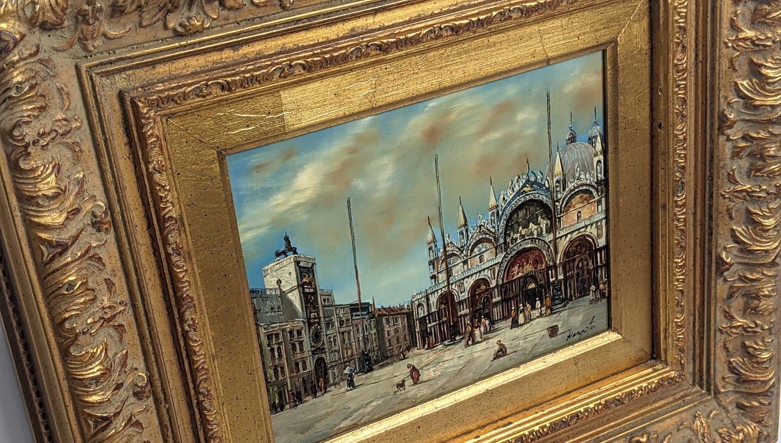 Framed Venetian Piazza San Marco Original Oil Painting Signed Rergito, Mid-20th Century - 10