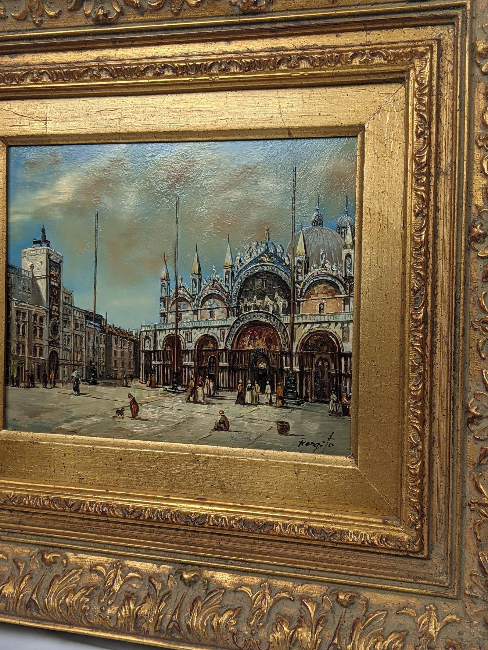 Framed Venetian Piazza San Marco Original Oil Painting Signed Rergito, Mid-20th Century - 11