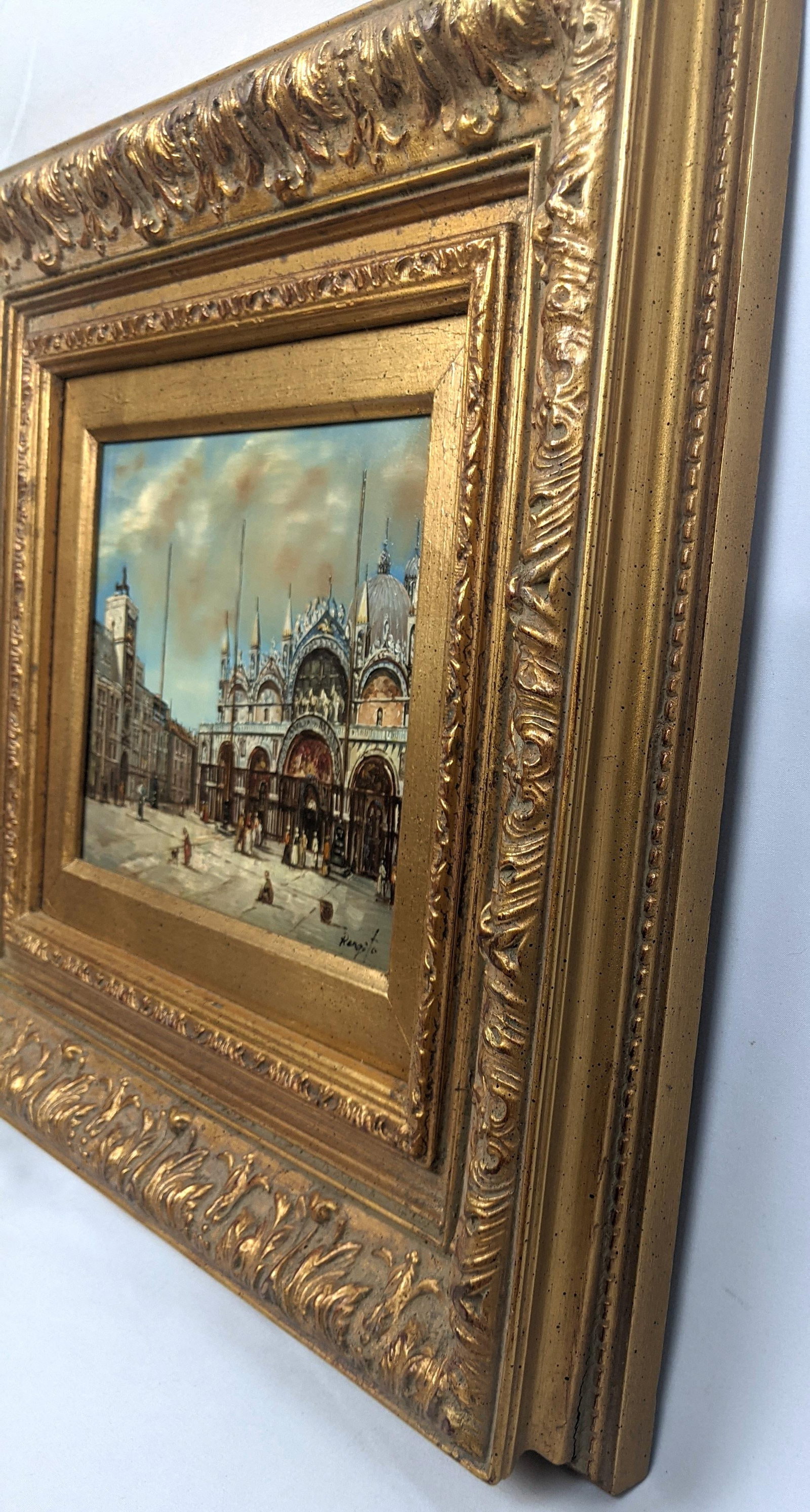 Framed Venetian Piazza San Marco Original Oil Painting Signed Rergito, Mid-20th Century - 12