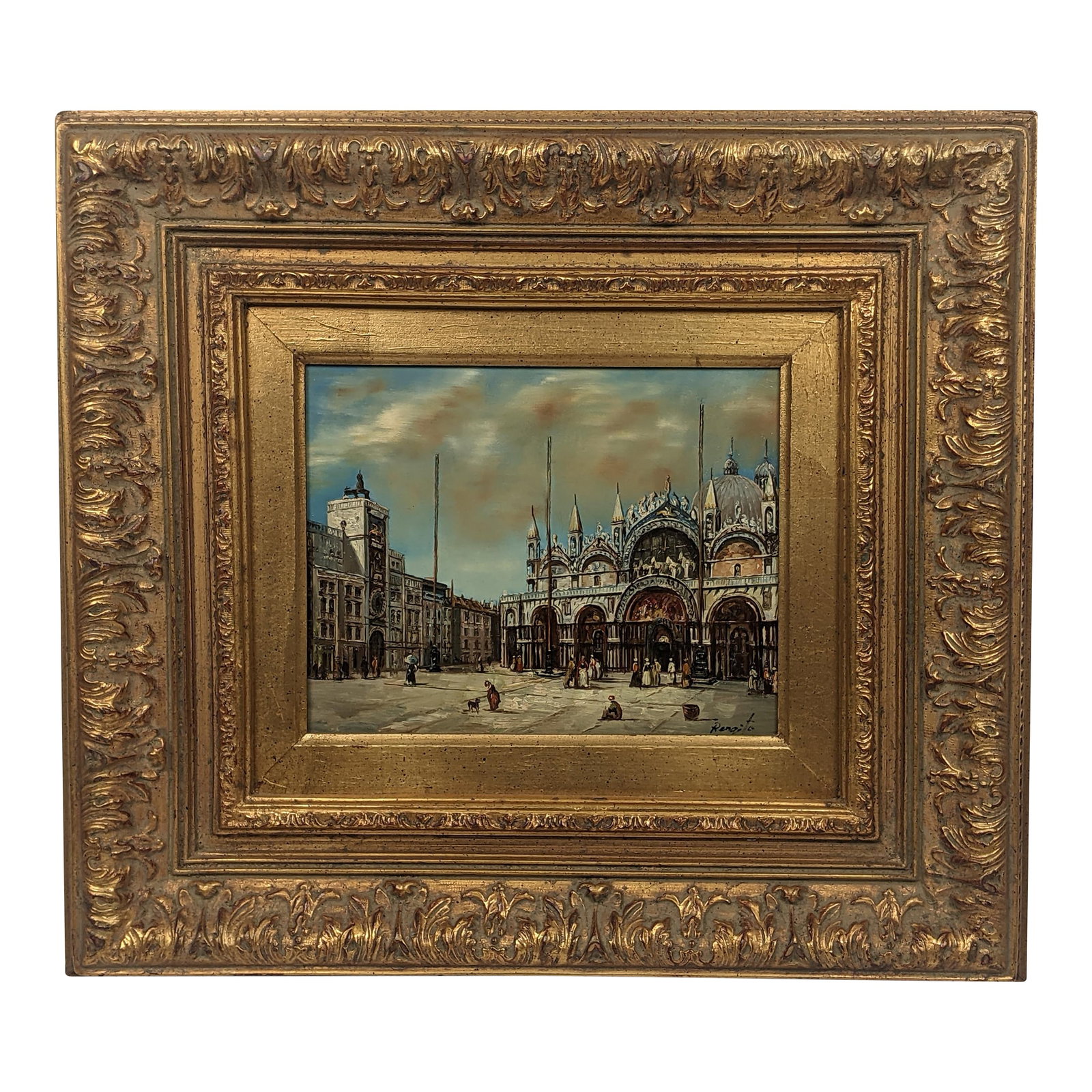Framed Venetian Piazza San Marco Original Oil Painting Signed Rergito, Mid-20th Century: A beautifully executed original mid-20th century European oil painting depicting the iconic Piazza San Marco in Venice, signed Rergito. Rendered with confident impressionistic brushwork, the