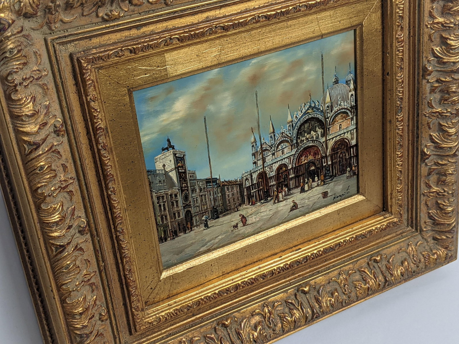 Framed Venetian Piazza San Marco Original Oil Painting Signed Rergito, Mid-20th Century - 3