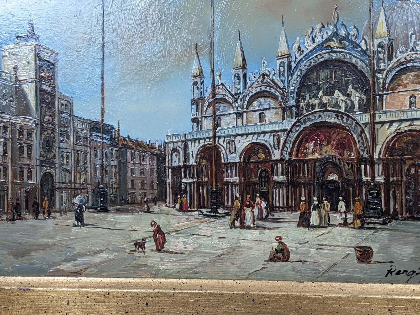 Framed Venetian Piazza San Marco Original Oil Painting Signed Rergito, Mid-20th Century - 5