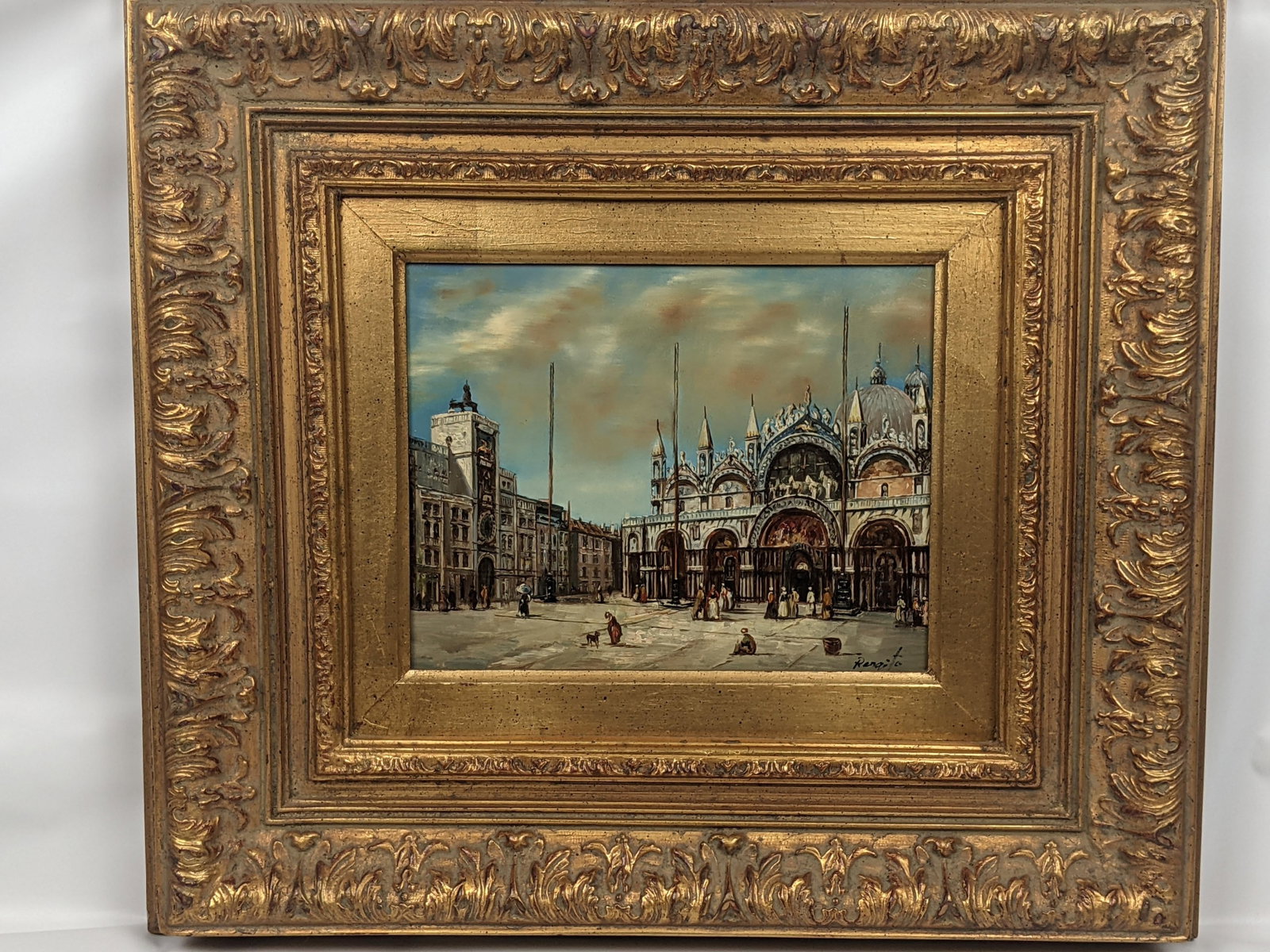 Framed Venetian Piazza San Marco Original Oil Painting Signed Rergito, Mid-20th Century - 7