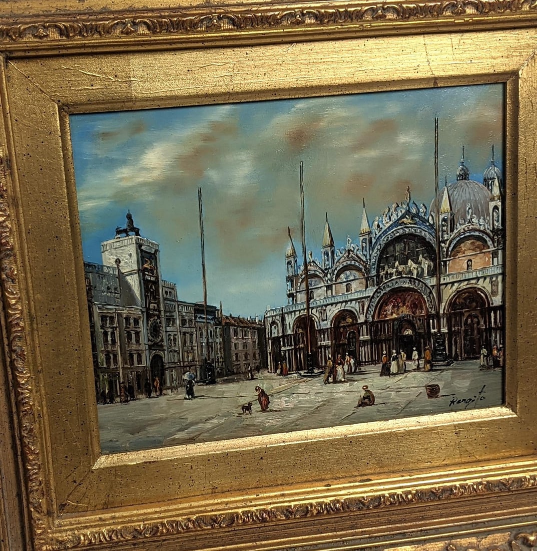 Framed Venetian Piazza San Marco Original Oil Painting Signed Rergito, Mid-20th Century - 8