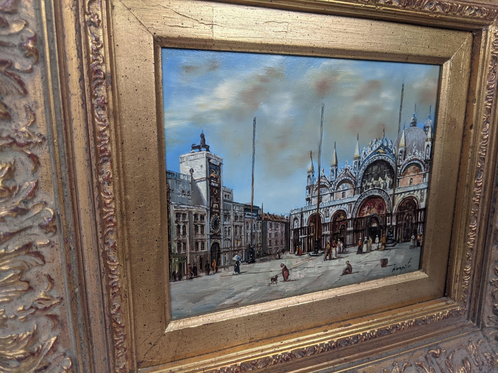 Framed Venetian Piazza San Marco Original Oil Painting Signed Rergito, Mid-20th Century - 9
