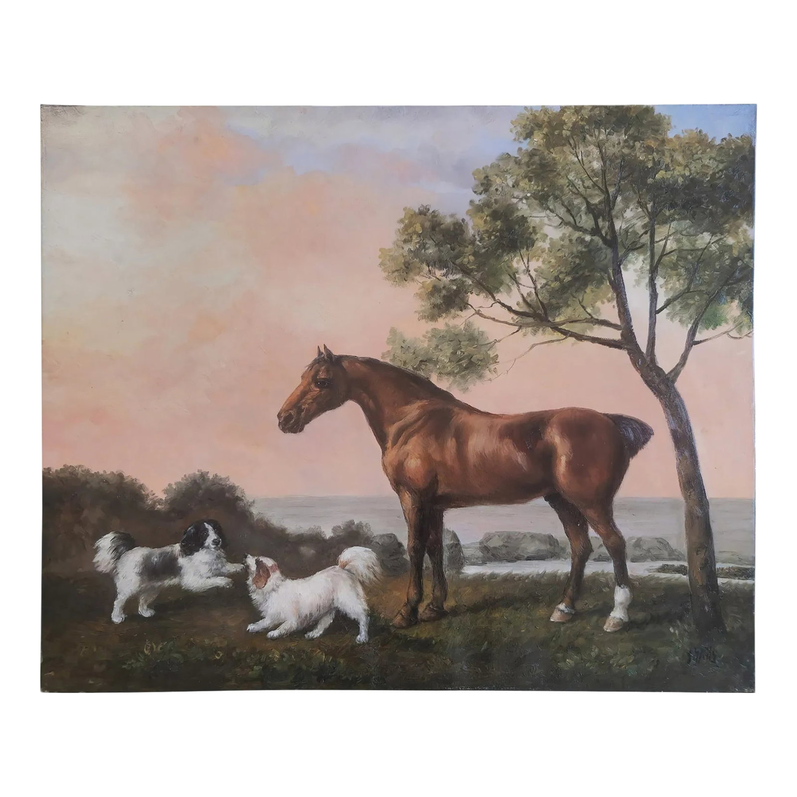Mid-20th Century Signed - Horse With Two Dogs in a Coastal Landscape, Oil on Canvas: Oil on canvas depicting a standing horse accompanied by two small dogs in a coastal setting, with low vegetation, water, and distant shoreline in the background. The composition is balanced by a tree