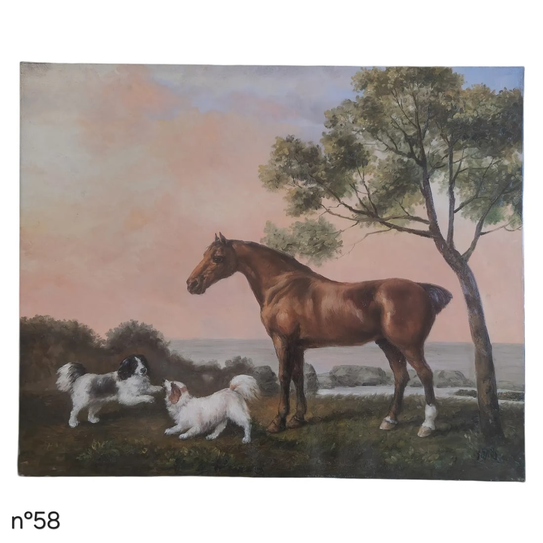 Mid-20th Century Signed - Horse With Two Dogs in a Coastal Landscape, Oil on Canvas - 2