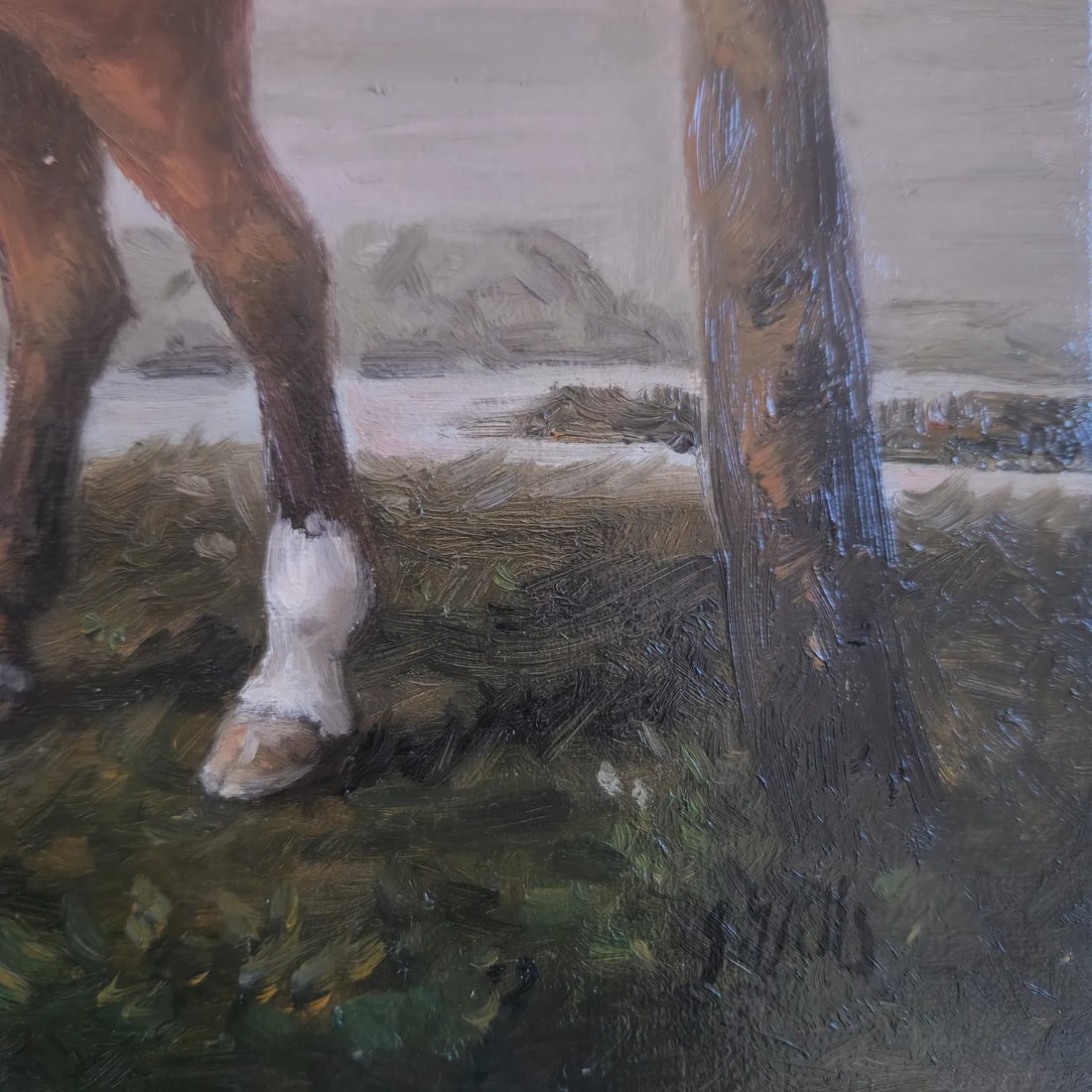 Mid-20th Century Signed - Horse With Two Dogs in a Coastal Landscape, Oil on Canvas - 3