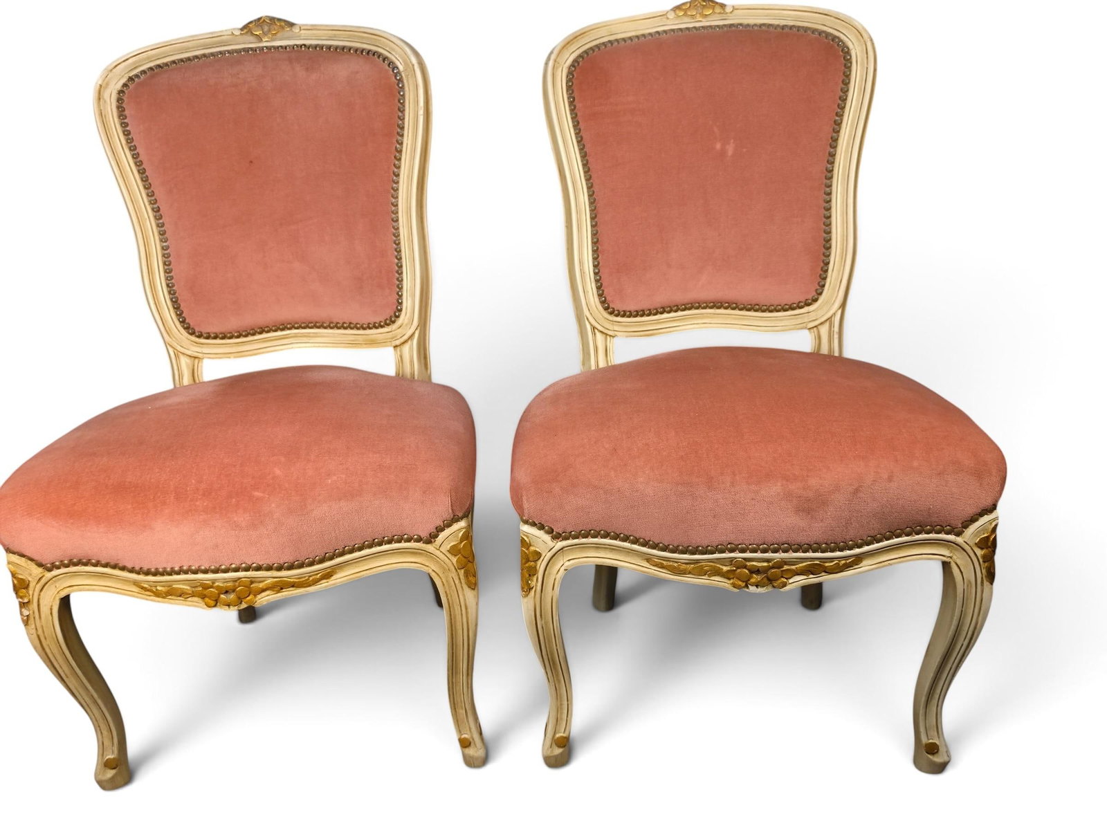 Vintage Pair of French Provincial Louis XV Style Blush Pink Velvet Accent Chairs - 2