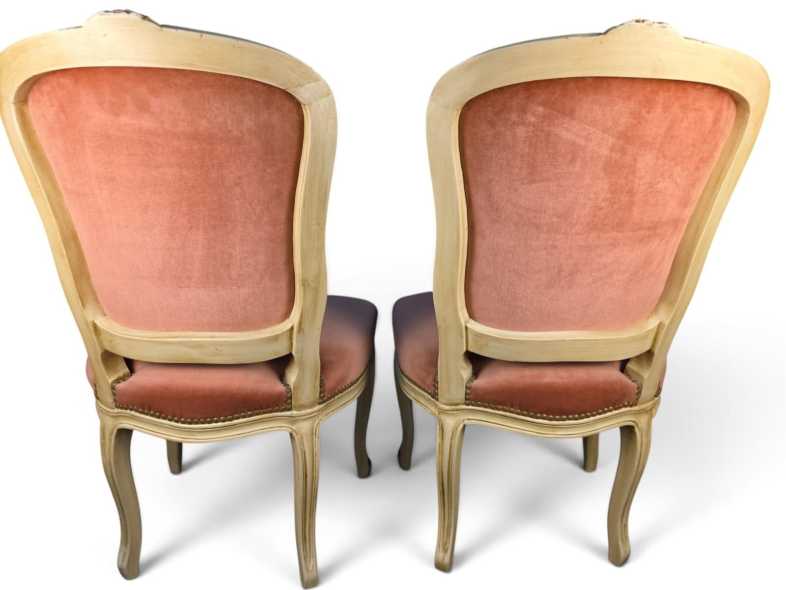 Vintage Pair of French Provincial Louis XV Style Blush Pink Velvet Accent Chairs - 3