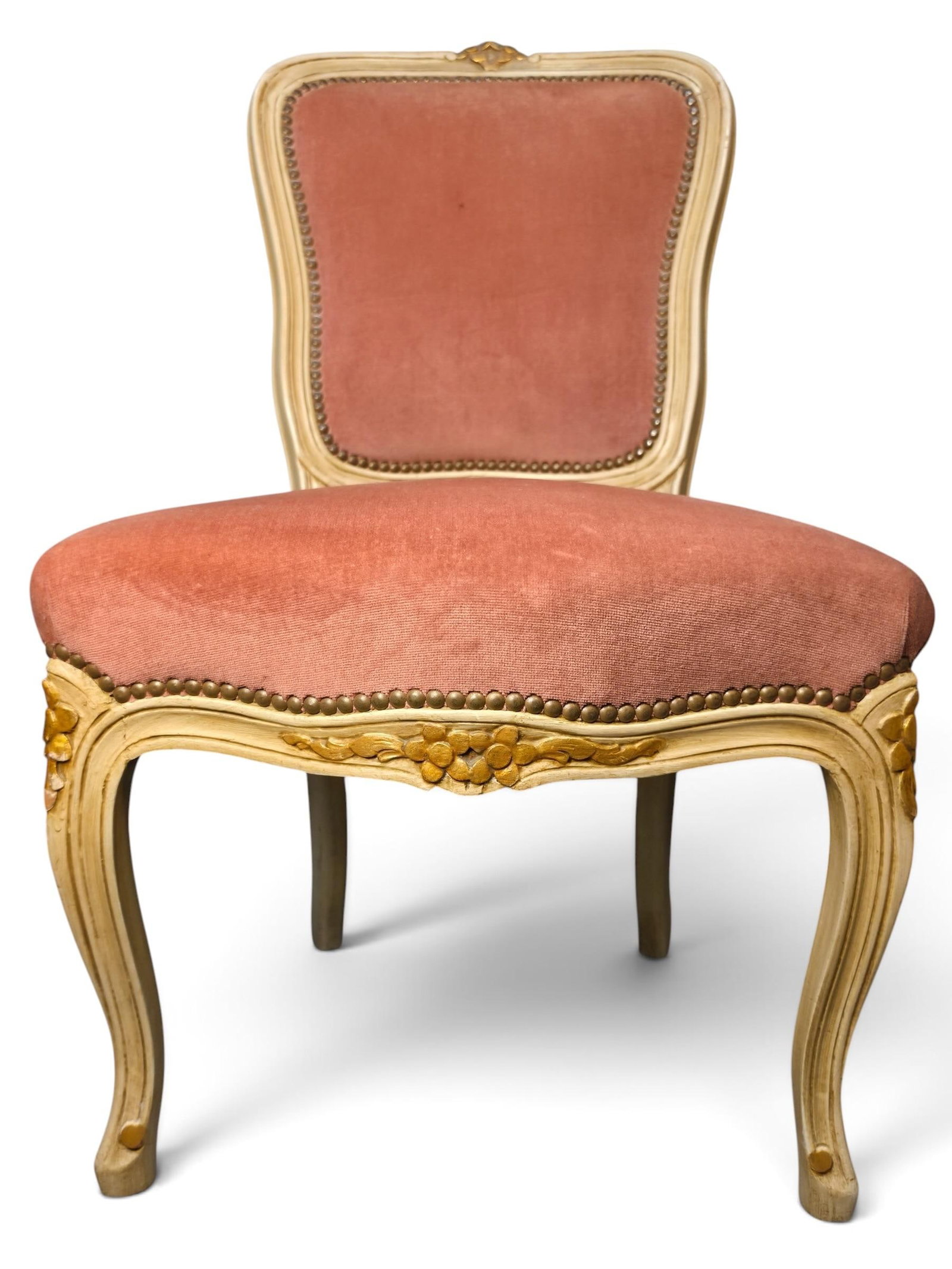 Vintage Pair of French Provincial Louis XV Style Blush Pink Velvet Accent Chairs - 4