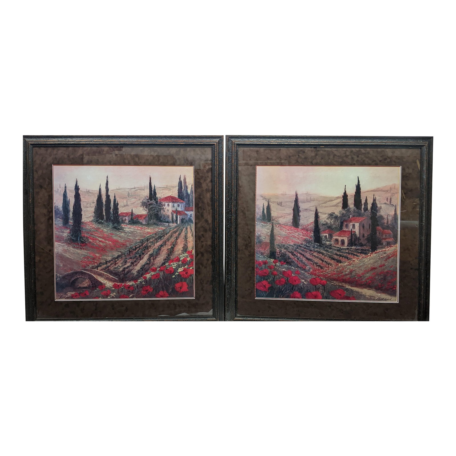 Late 20th Century Signed Fronckowiak "Poppies of Toscano I & II" Framed Fine Art Print Pair: An elegant and beautifully coordinated pair of Fronckowiak "Poppies of Toscano I & II" signed-in-plate framed fine art prints, capturing the breathtaking beauty of the Tuscan countryside through