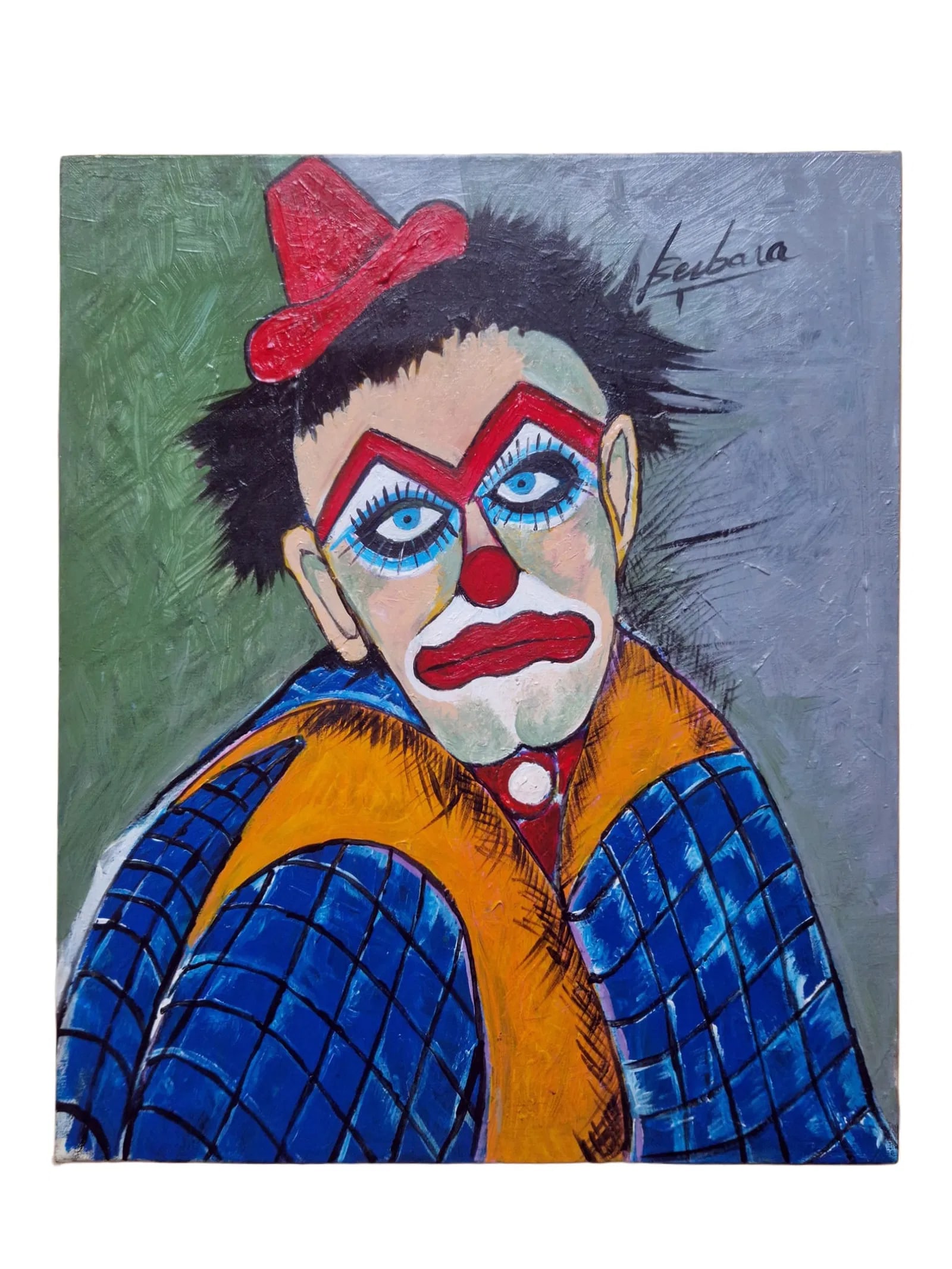 Mid-20th Century Khouresserian, Expressionist Clown Portrait, Oil on Canvas: Oil on canvas by Khouresserian depicting a clown portrait with stylized facial features, including blue eyes and red geometric forms, set against a textured background. Executed with visible