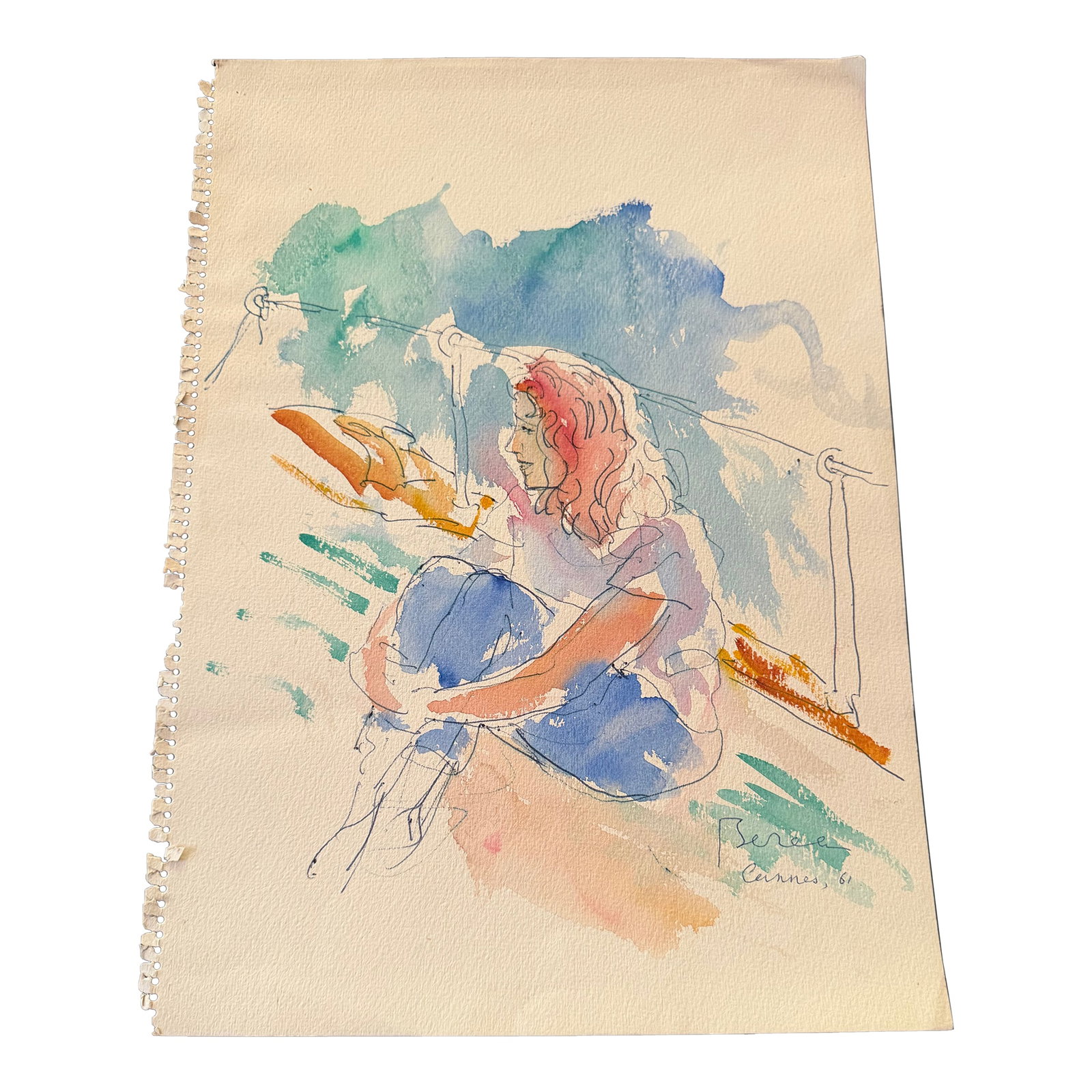 1961 Watercolor Sketch by Dimitrie Berea of a Seated Young Woman on a Boat: Lovely colored sketch by Romanian-born modern Impressionist of a young woman seated on a boat. Berea drew, hand colored and signed this piece in Cannes 1961. It appears to portray a young woman