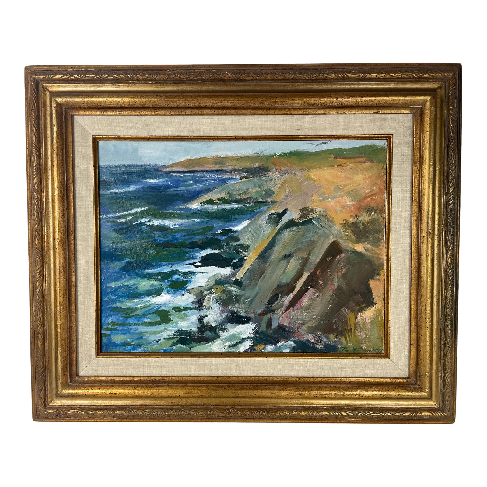 1970s R. M. Daniels California Coastal Plein Air Impressionist Oil Painting in Gilt Frame: Rose Marie Daniels Ocean Shoreline with Rocky Cliffs Oil on canvas Signed lower right: Rose M. Daniels 12 inches x 16 inches (canvas size) Carved gilt wood frame with linen liner 20 inches x 24 inches