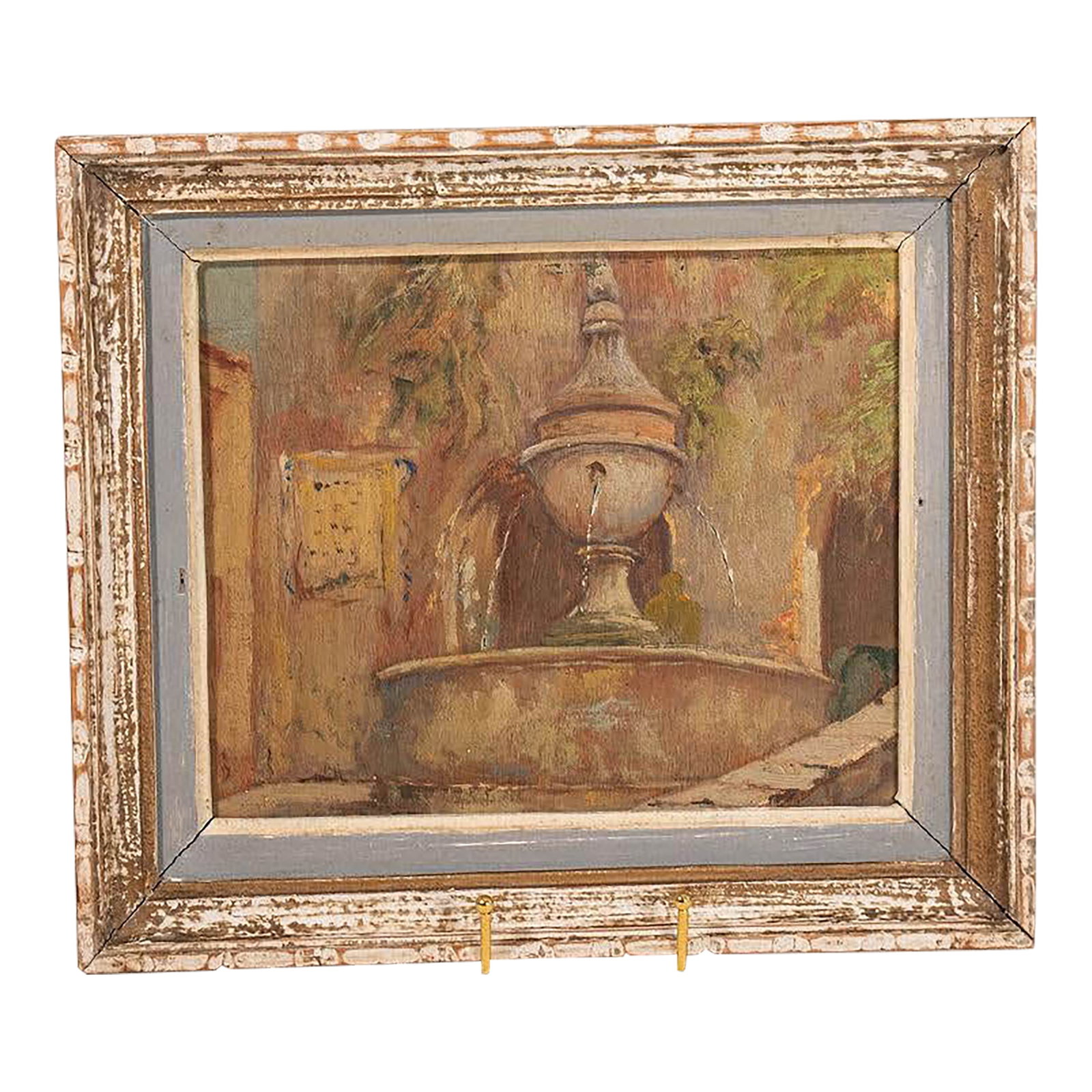 Early 20th Century Framed French Fountain Landscape Oil Painting: French oil painting depicting a tranquil fountain landscape with impressionistic brushwork, soft natural palette, and an antique gilt frame. Signed by the artist. Condition: Alterations: Original