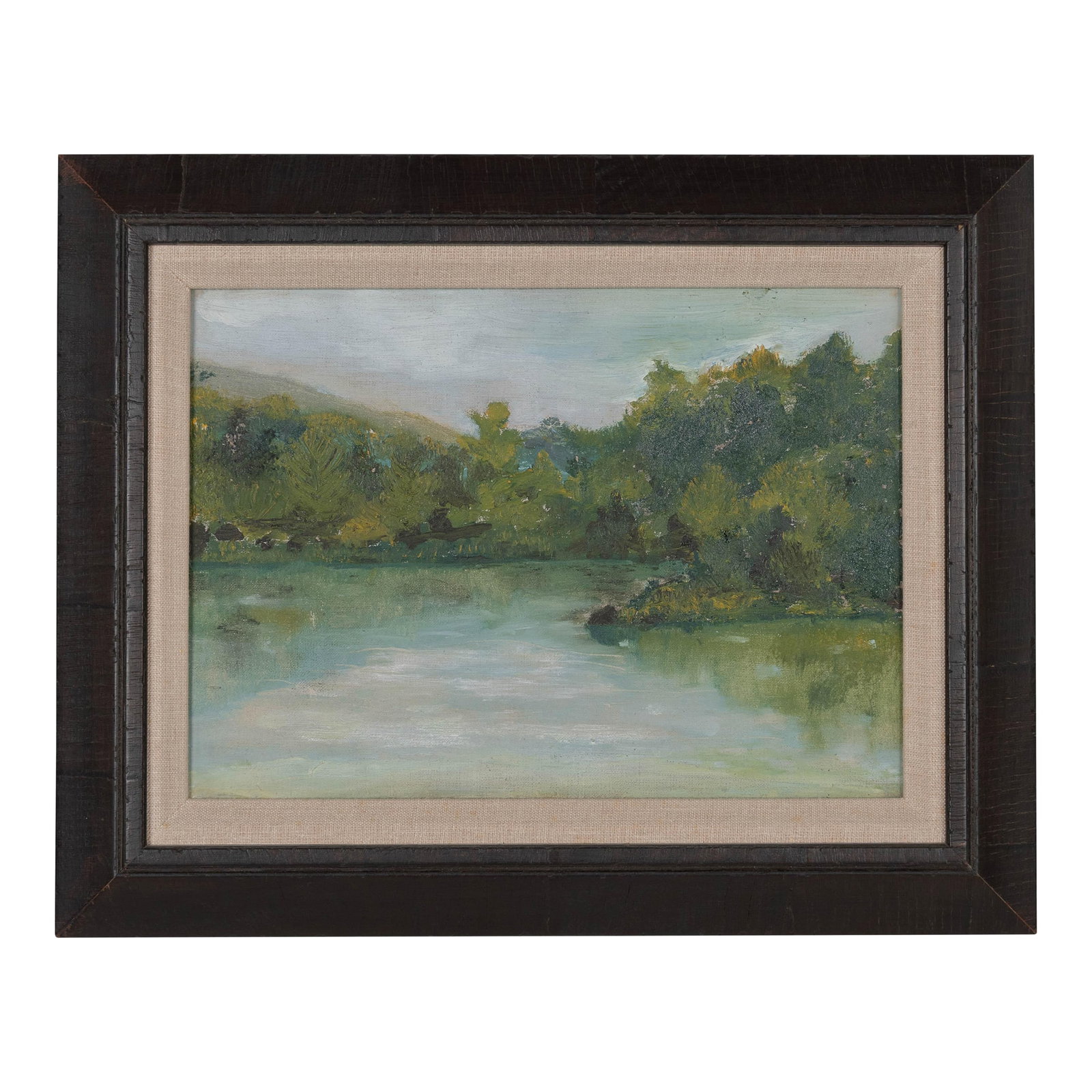 French Plein Air Landscape Oil Painting Framed: A small French mpressionist style plein air verdant landscape painting featuring a lake or pond in the foreground, surrounded by trees. Oil on canvas board. Unsigned. Wood frame with linen liner.
