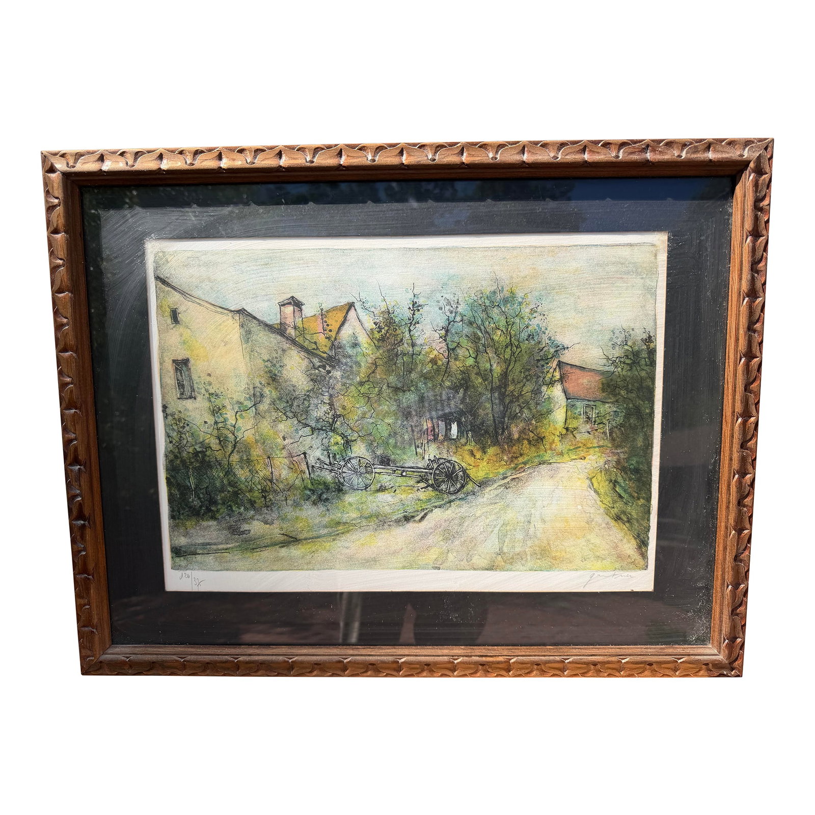 1960s Signed, Numbered Limited Ed. Lithograph of a French Village by 20th Century French Landscape A: This framed artwork is a limited edition color lithograph print by well known 20th century French artist Bernard Gantner.The impressionist scene depicts a rustic French countryside landscape