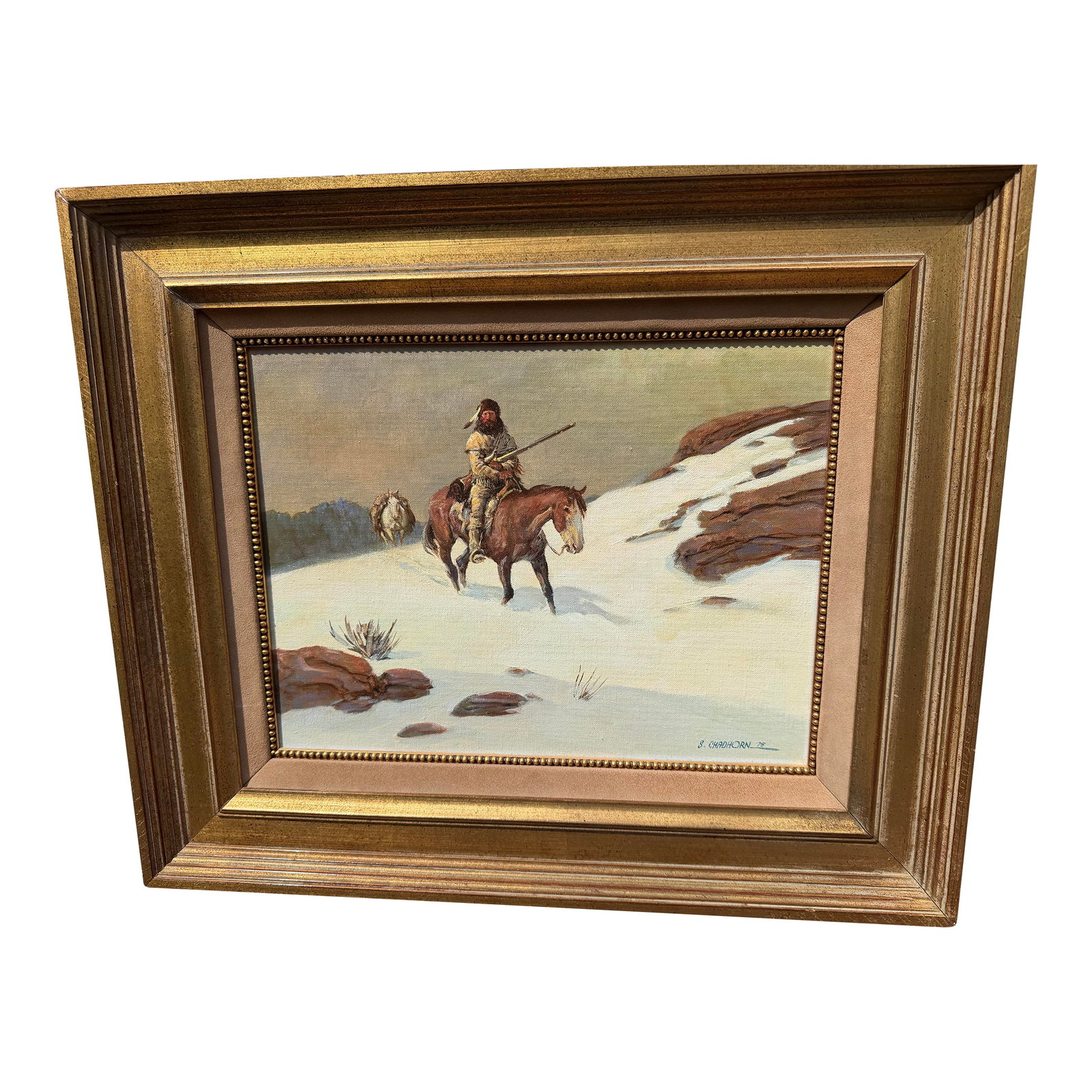 Late 20th Century Shep Chadhorn Original Western Oil Painting "Lone Hunter", Signed by the Artist: Original oil on board painting by Native American artist Shep Chadhorn entitled "Lone Hunter" from the late 20th century. As a Blackfoot with formal artistic training, Mr. Chadhorn brought a unique pe