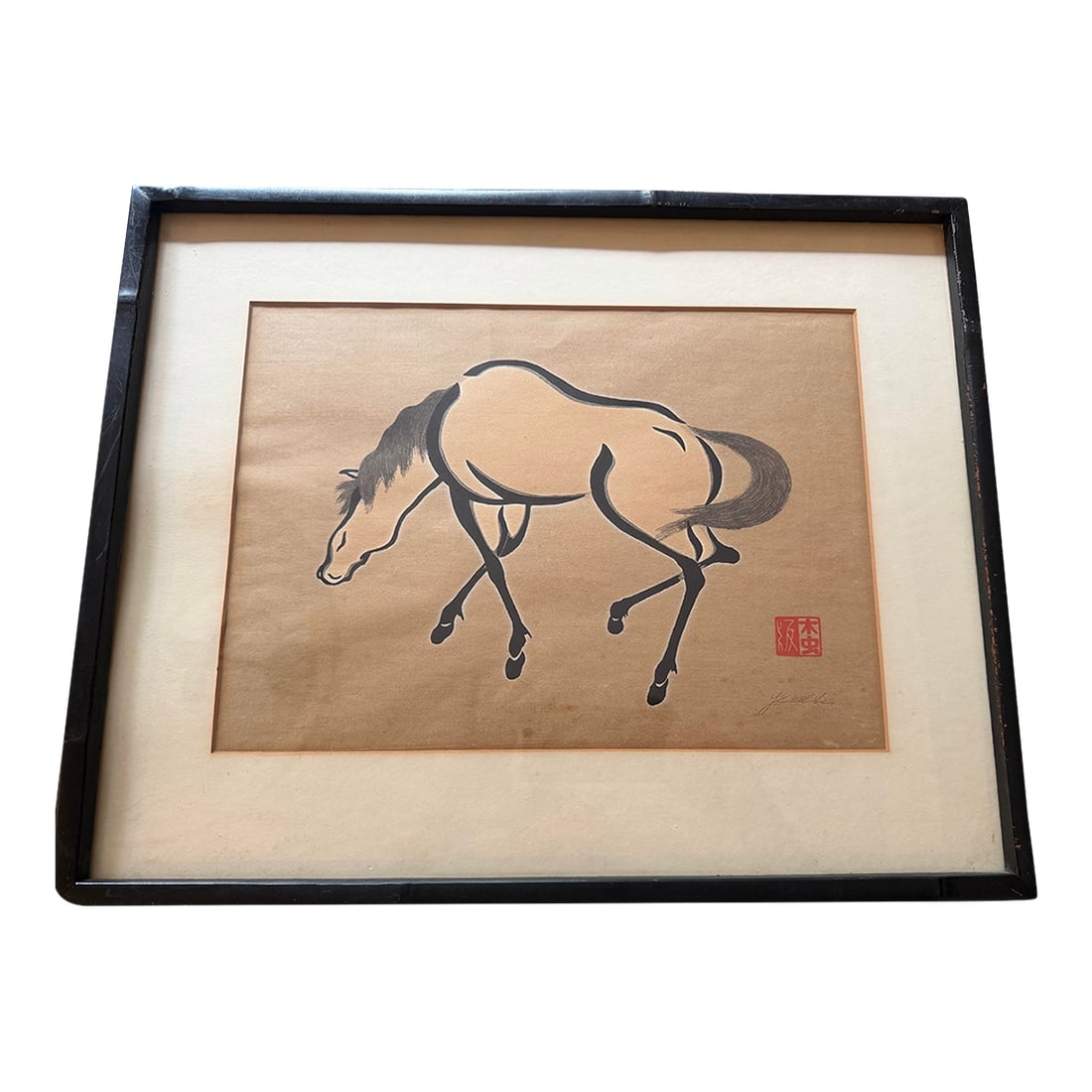 Mid Century Modern Japanese Woodblock Print of a Horse as Signed by the Artist Artist, Yoshijiro "Mo: Beautiful mid century modern woodblock print of a horse by Japanese artist, Yoshijiro "Mokuchu" Urushibara. The vintage print is nicely presented in its original frame. Condition: Alterations: