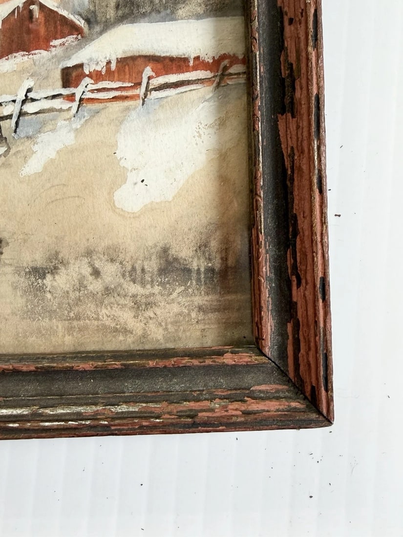 Antique Watercolor Painting of Homestead & Barn in Winter W/ Home Sweet Home Poem - 10