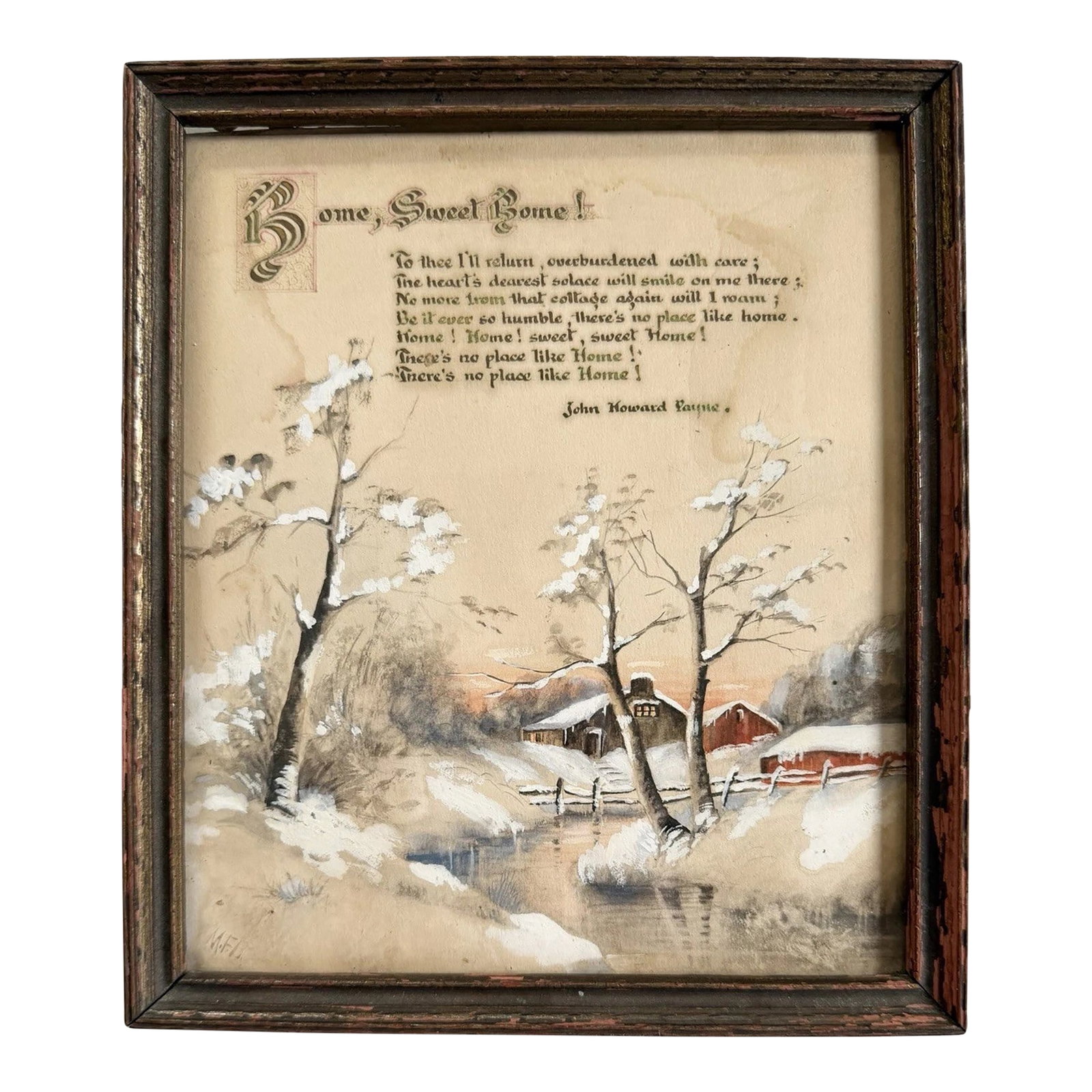 Antique Watercolor Painting of Homestead & Barn in Winter W/ Home Sweet Home Poem: Beautiful original painting in an antique frame. Signed by one M.F.B. Condition: Alterations: Original Condition Unaltered Imperfections: Some Imperfections Condition Notes: Used Some light staining t
