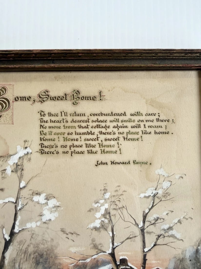 Antique Watercolor Painting of Homestead & Barn in Winter W/ Home Sweet Home Poem - 4