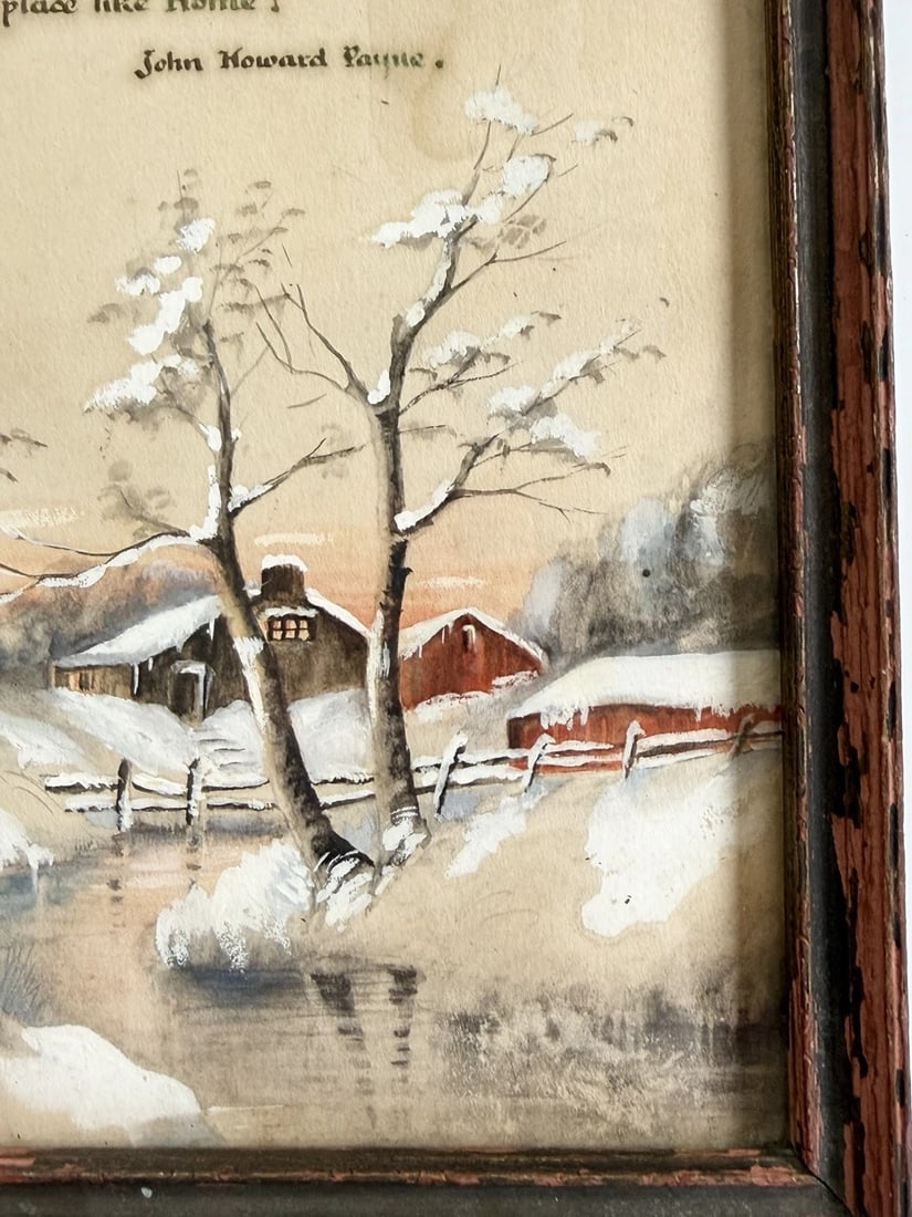 Antique Watercolor Painting of Homestead & Barn in Winter W/ Home Sweet Home Poem - 6