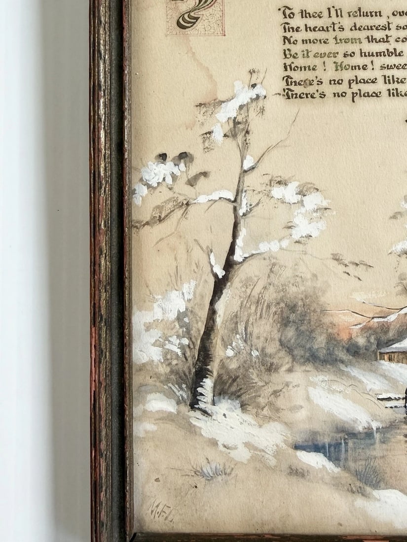 Antique Watercolor Painting of Homestead & Barn in Winter W/ Home Sweet Home Poem - 7
