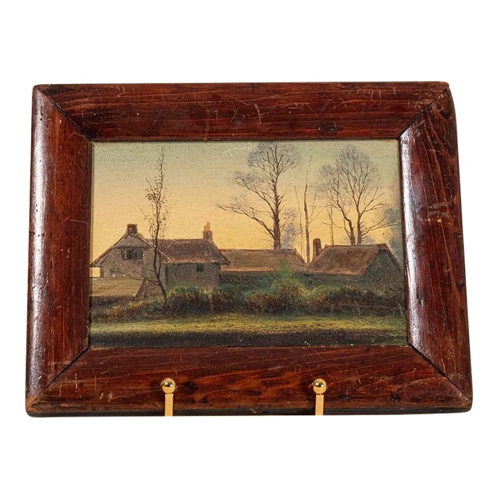 Mid 20th Century Original Petite Landscape Oil on Board: Original petite oil painting on board depicting a village landscape with houses. Executed in warm, muted tones with expressive brushwork. Condition: Alterations: Original Condition Unaltered Imperfect