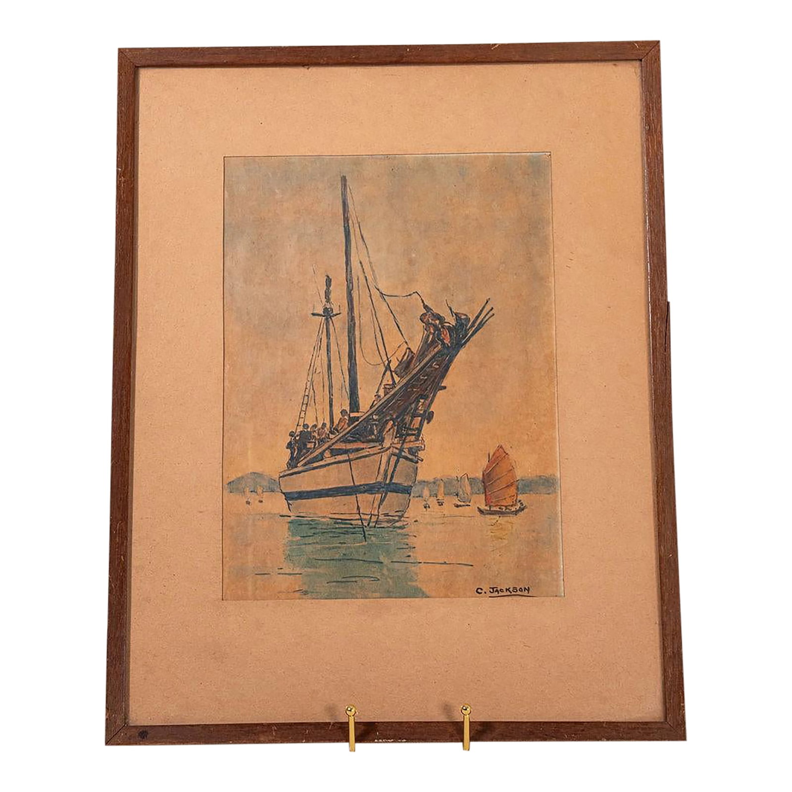 Mid 20th Century Original Watercolor of Ship | Signed C. Jackson: Original signed watercolor by C. Jackson depicting a sailing ship at sea. Presented in a frame with soft washes of color and classic maritime detail. Condition: Alterations: Original Condition