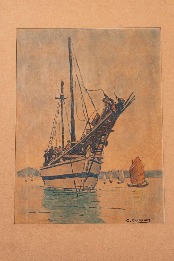 Mid 20th Century Original Watercolor of Ship | Signed C. Jackson - 3