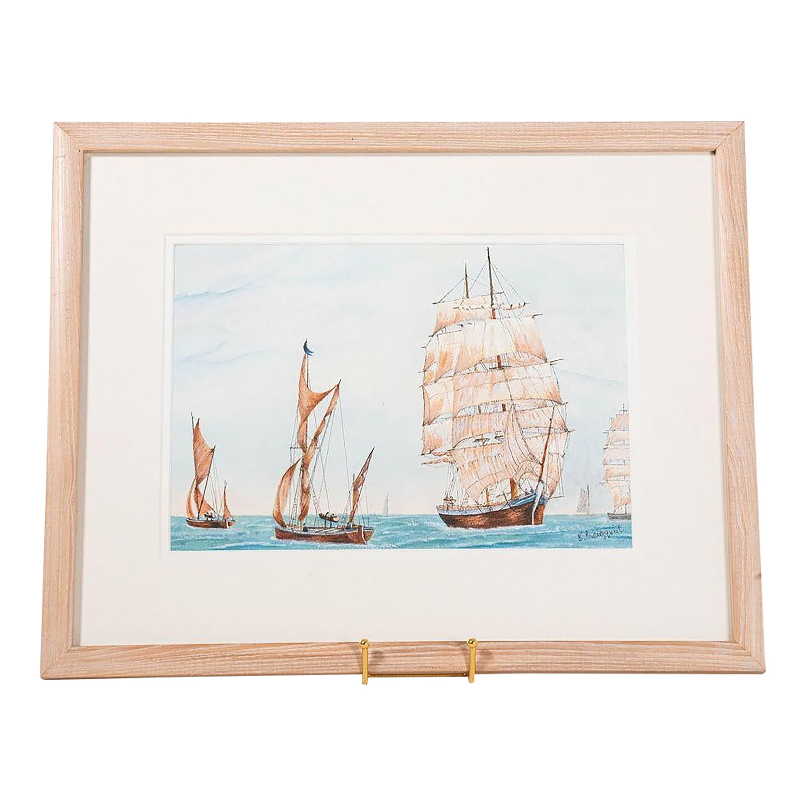 Mid 20th Century Original Watercolor "Underway" by Elizabeth Bergovist: Original watercolor, Underway, by Elizabeth Bergovist. Presented in a frame, the composition features fluid brushwork and a soft palette with a coastal-inspired subject. Condition: Alterations: