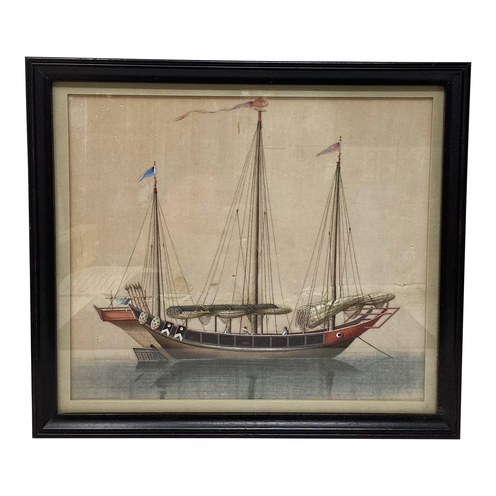 Late 19th C Watercolor on Rice Paper of Chinese Junk Boat: 19th C watercolor on rice paper of a junk boat. Beautiful colors. Condition: Alterations: Original Condition Unaltered Imperfections: Some Imperfections Condition Notes: Shows signs of wear