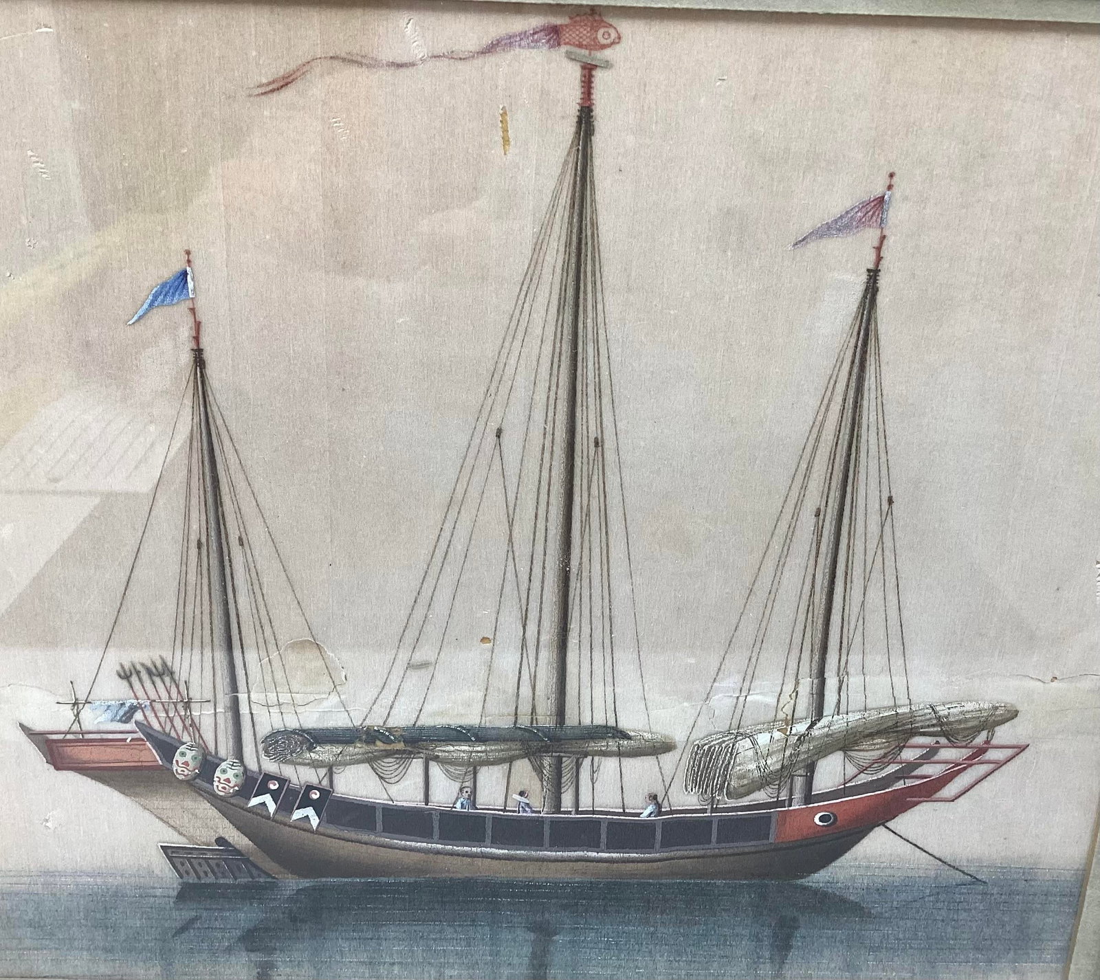 Late 19th C Watercolor on Rice Paper of Chinese Junk Boat - 2