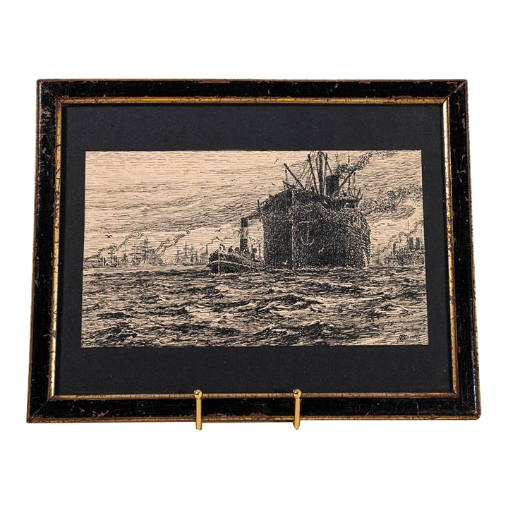 Antique English Steamboat Original Black + White Sketch: Original black and white steamboat sketch on paper featuring fine linework and detail. Signed by the artist and presented in a custom frame. Condition: Alterations: Original Condition Unaltered