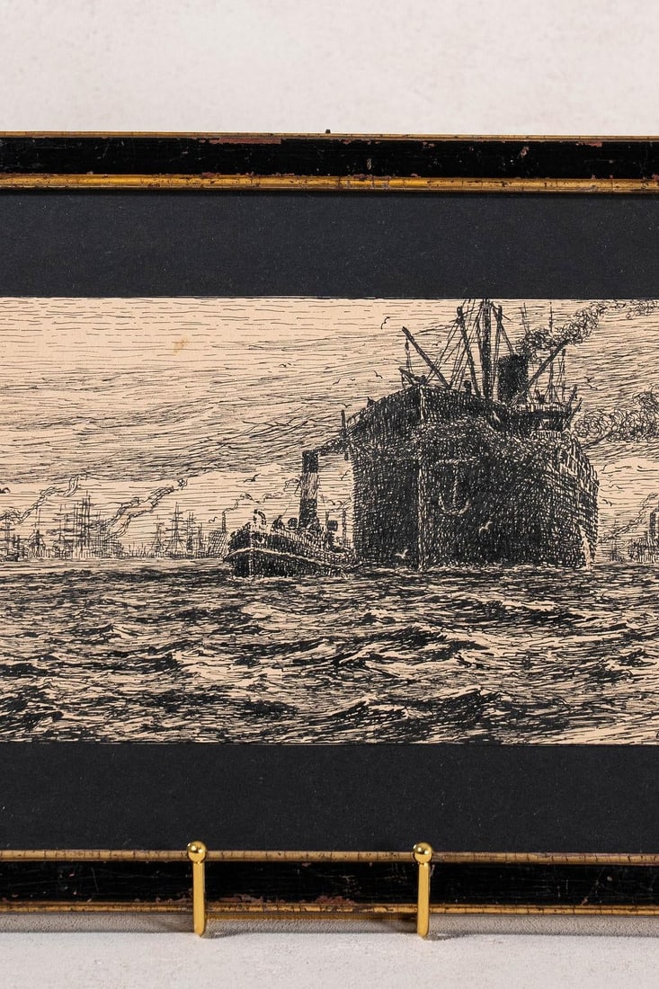 Antique English Steamboat Original Black + White Sketch - 2