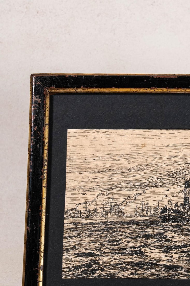 Antique English Steamboat Original Black + White Sketch - 3