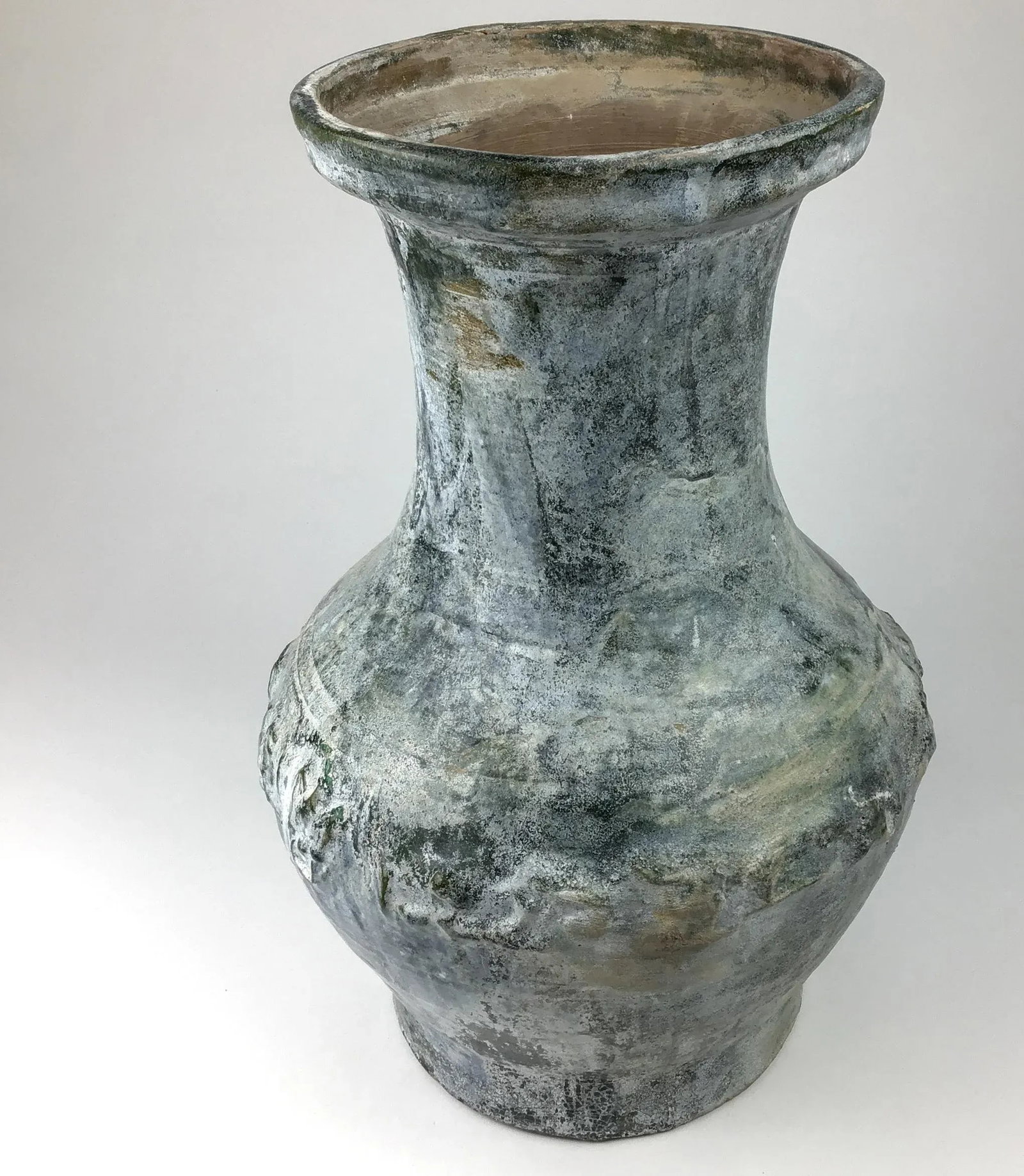 Large Green-Glazed & Silver Overtones Pottery Jar Vase - 13
