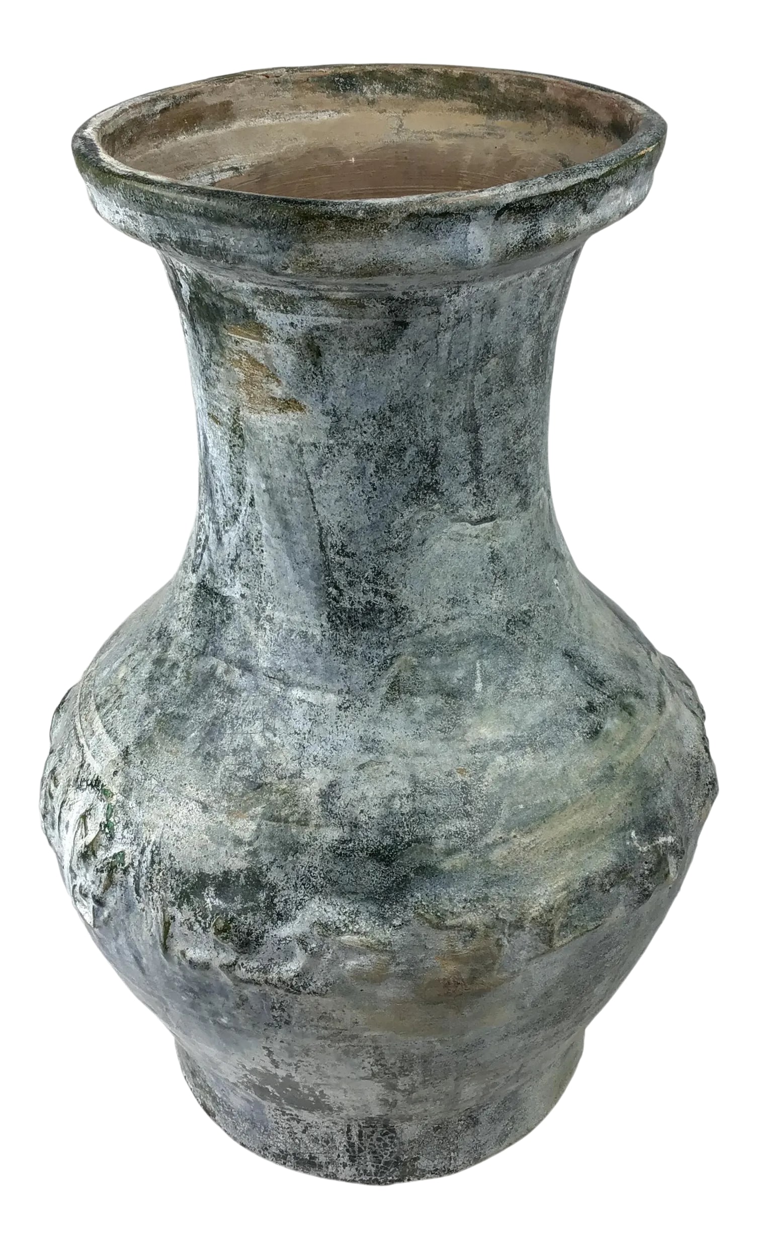 Large Green-Glazed & Silver Overtones Pottery Jar Vase: This is an extra-large pear-shaped vessel, shoulder molded with various animals, including a dragon, of which there are 2. Other figures are difficult to distinguish between. This vase has been
