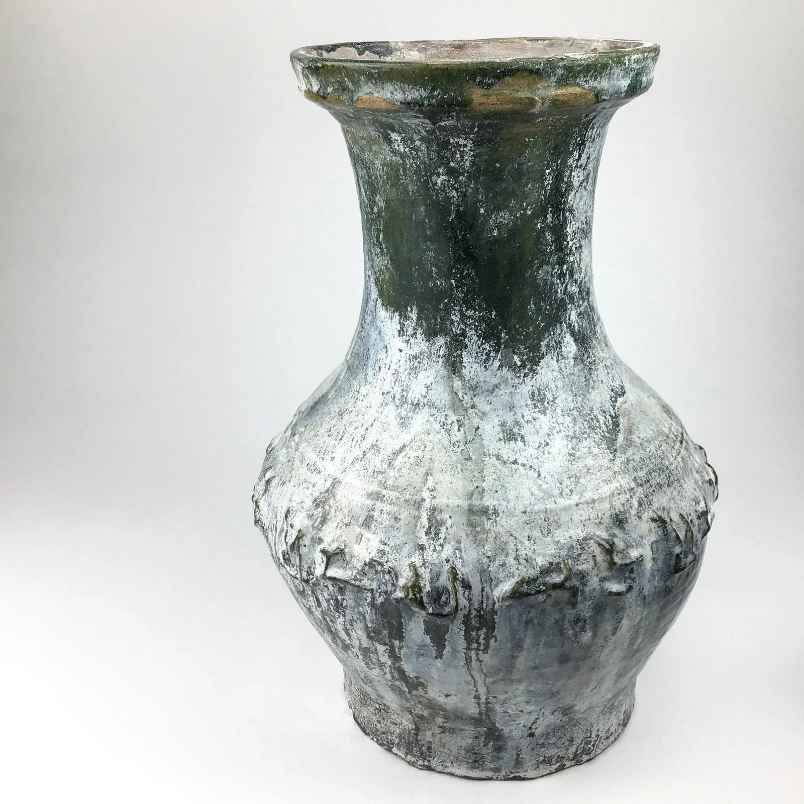 Large Green-Glazed & Silver Overtones Pottery Jar Vase - 8