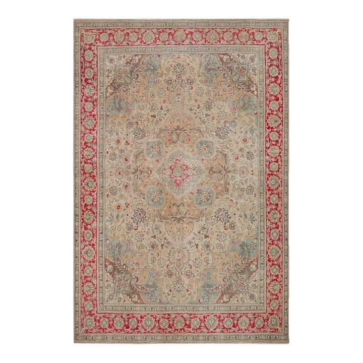 Shabby Chic Vintage Beige/Red Wool Rug - 8'8'' X 11'4'': Enhance your living space with this stunning vintage Persian hand-knotted wool rug, a true showstopper that effortlessly elevates any decor. Rich in vibrant colors and adorned with traditional