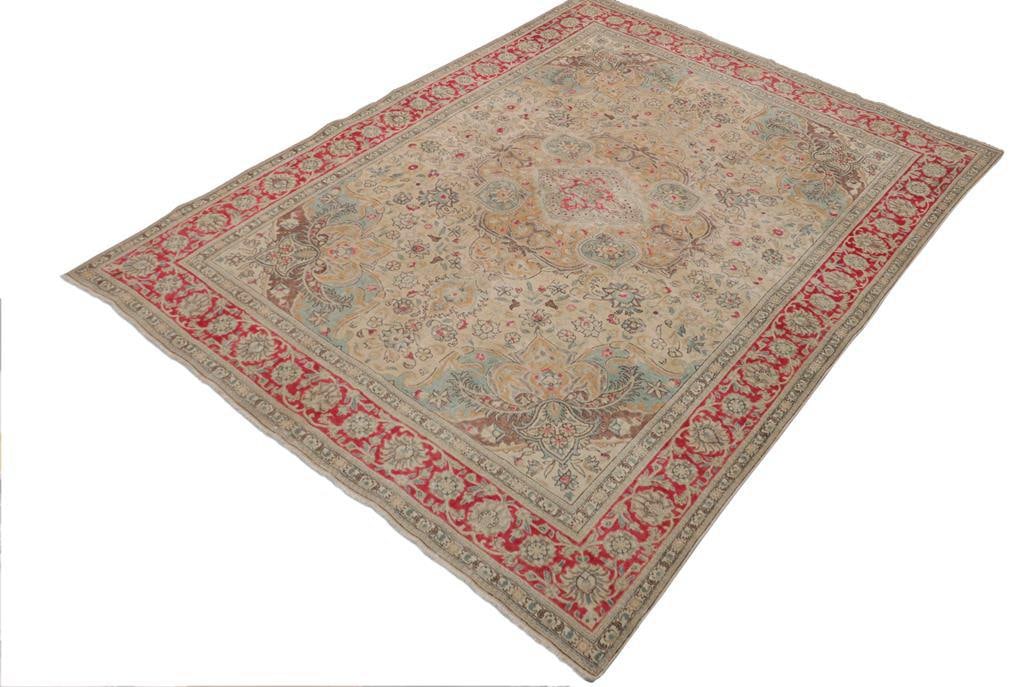 Shabby Chic Vintage Beige/Red Wool Rug - 8'8'' X 11'4'' - 2