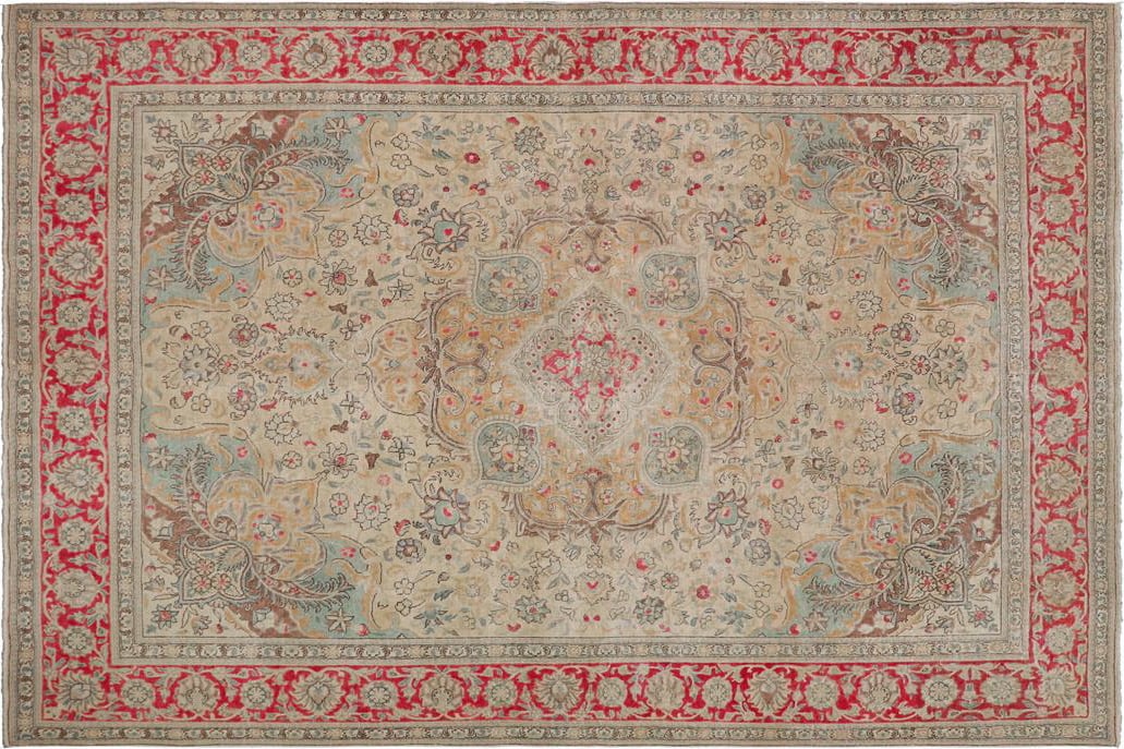 Shabby Chic Vintage Beige/Red Wool Rug - 8'8'' X 11'4'' - 8