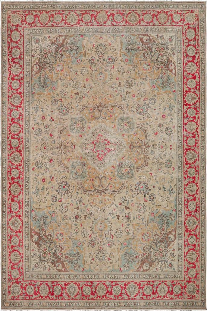 Shabby Chic Vintage Beige/Red Wool Rug - 8'8'' X 11'4'' - 9